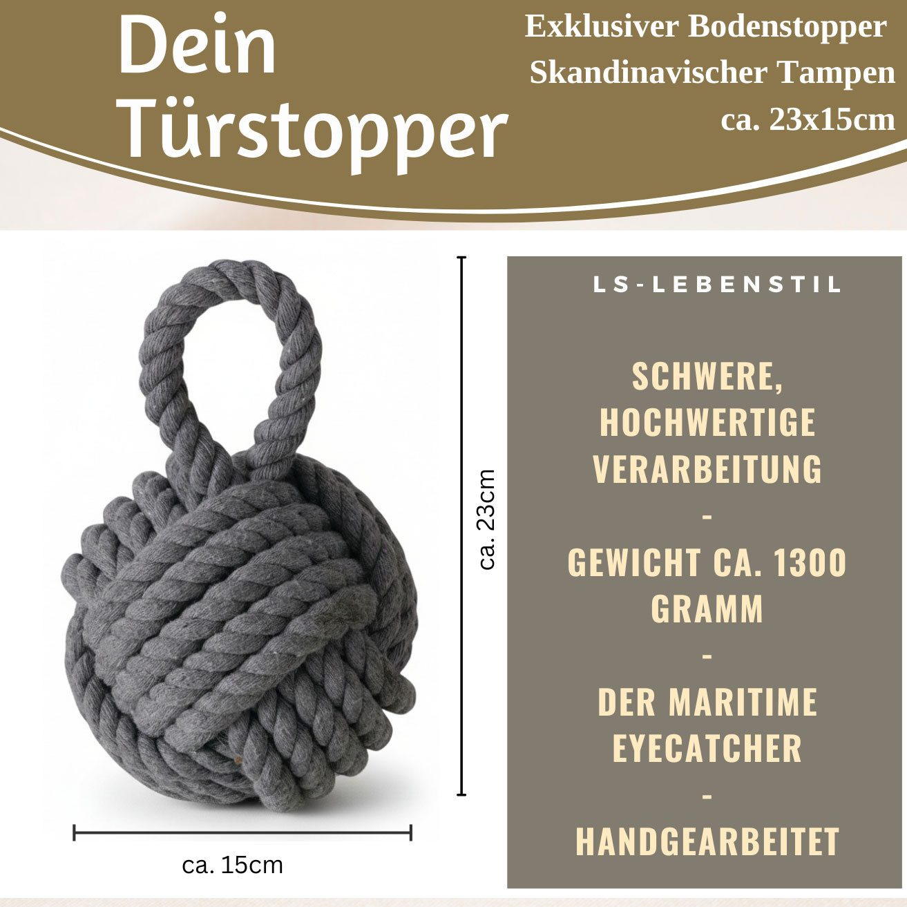 LS-LebenStil Bodentürstopper Boden Türstopper Malmö 23cm Grau 1,3kg Jute Knoten Tragegriff Türpuffe (Handgearbeitet Bodenstopper Türpuffer Türhalter Türsack Tür – Bild 2 von 5