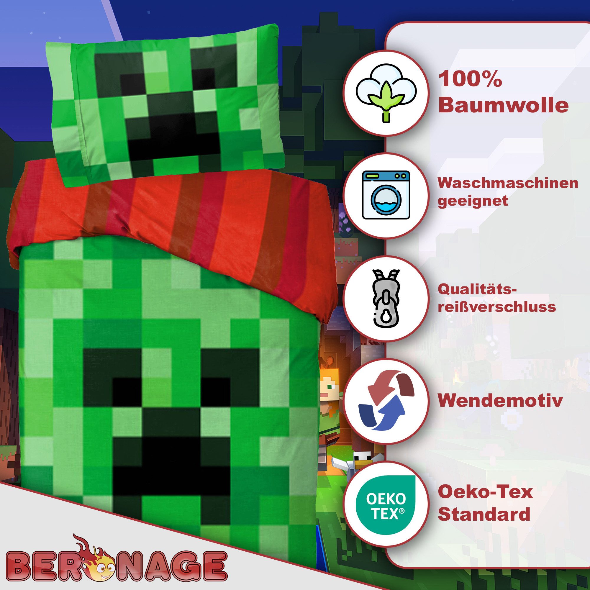 BERONAGE Wendebettwäsche Minecraft Bettwäsche Creeper TNT Biber / Flanell, Baumwolle, 2 teilig, 135x200 + 80x80 cm – Bild 3 von 5