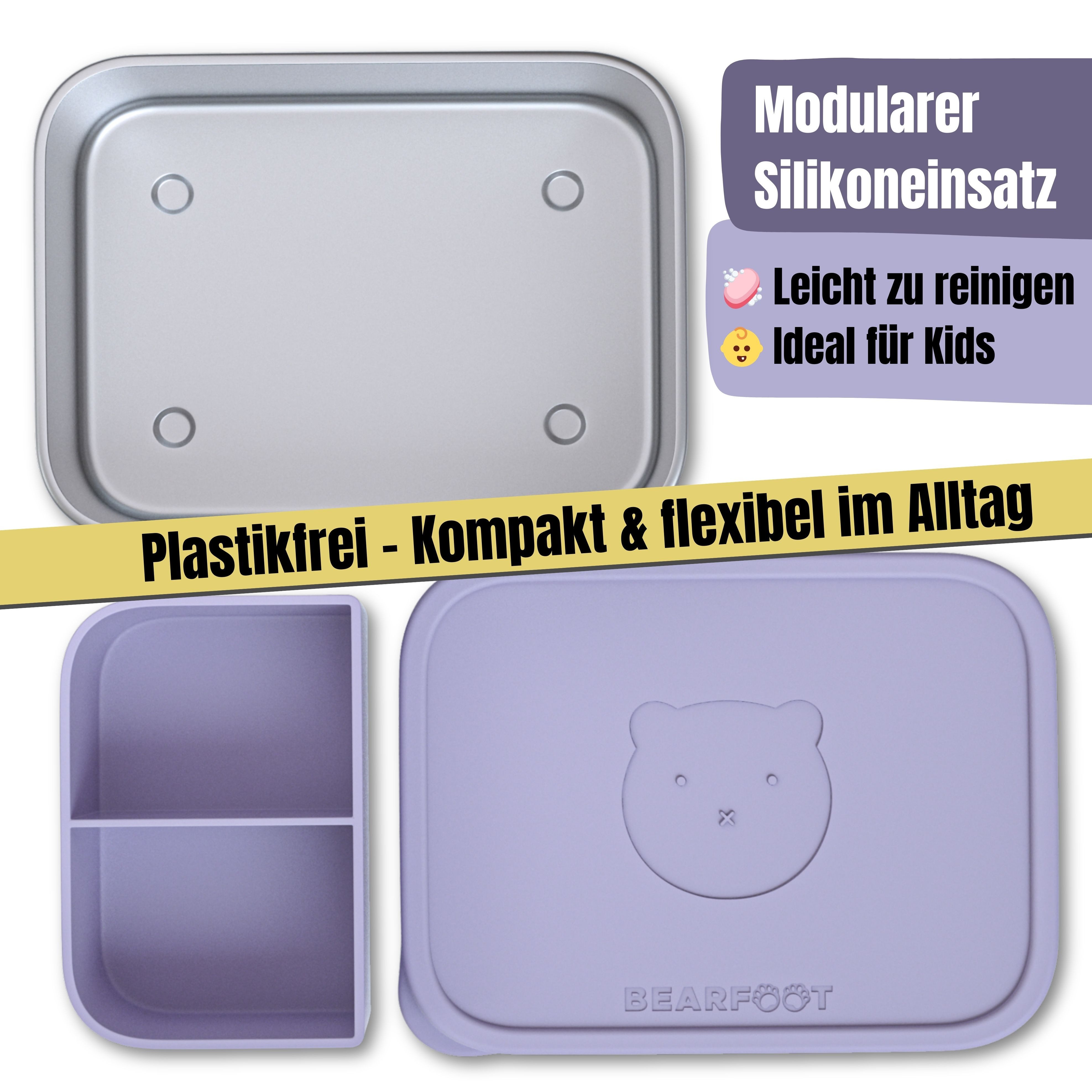 BEARFOOT Lunchbox Brotdose Kinder Edelstahl mit Silikoneinsatz - Lavendel, Kindergarten und Schule - Mädchen und Jungen, Vesperbox, Snackbox