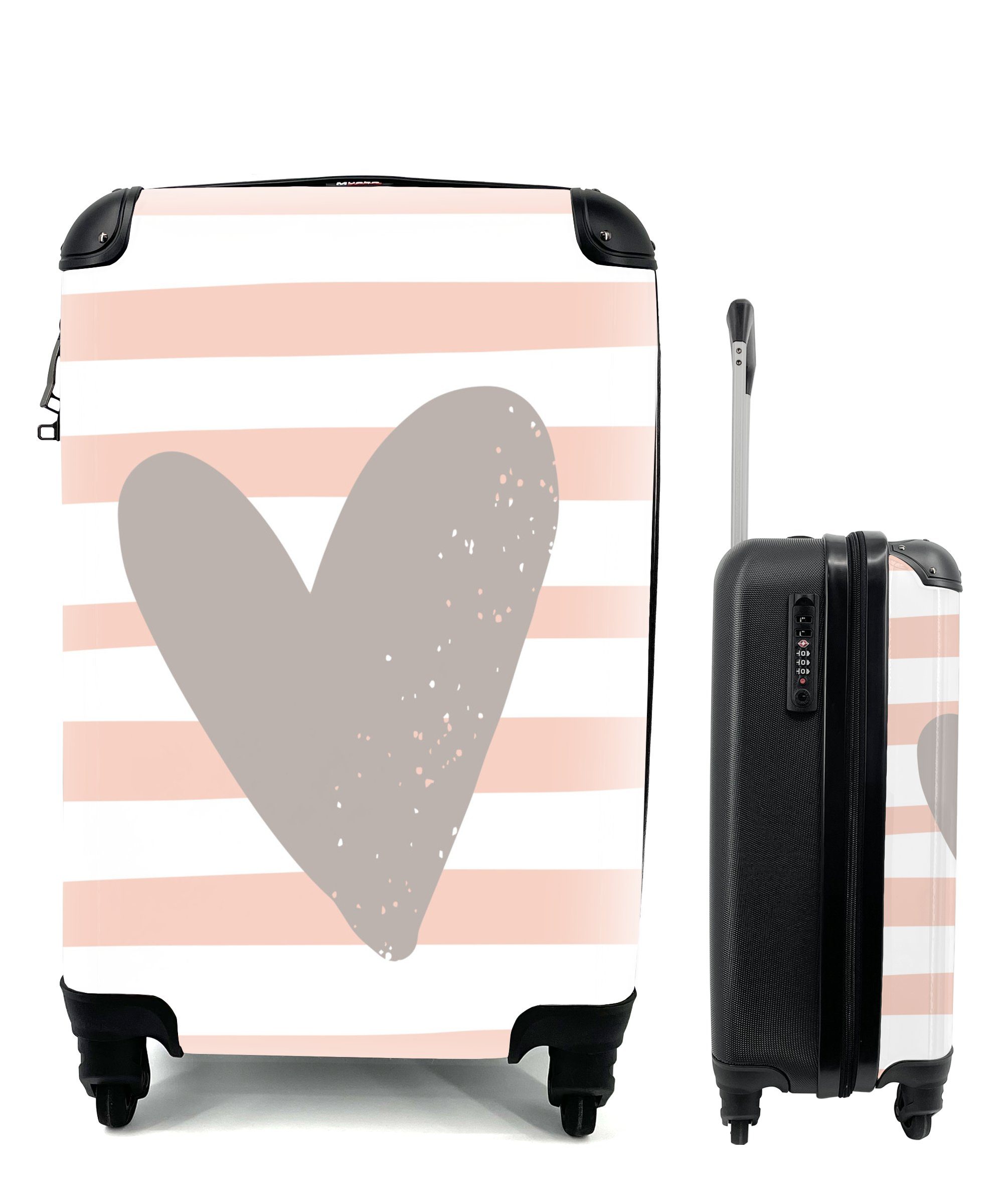 MuchoWow Handgepäckkoffer Illustration eines grauen Herzens auf einem weiß-rosa gestreiften, 4 Rollen, Reisetasche mit rollen, Handgepäck für Ferien, Trolley, Reisekoffer