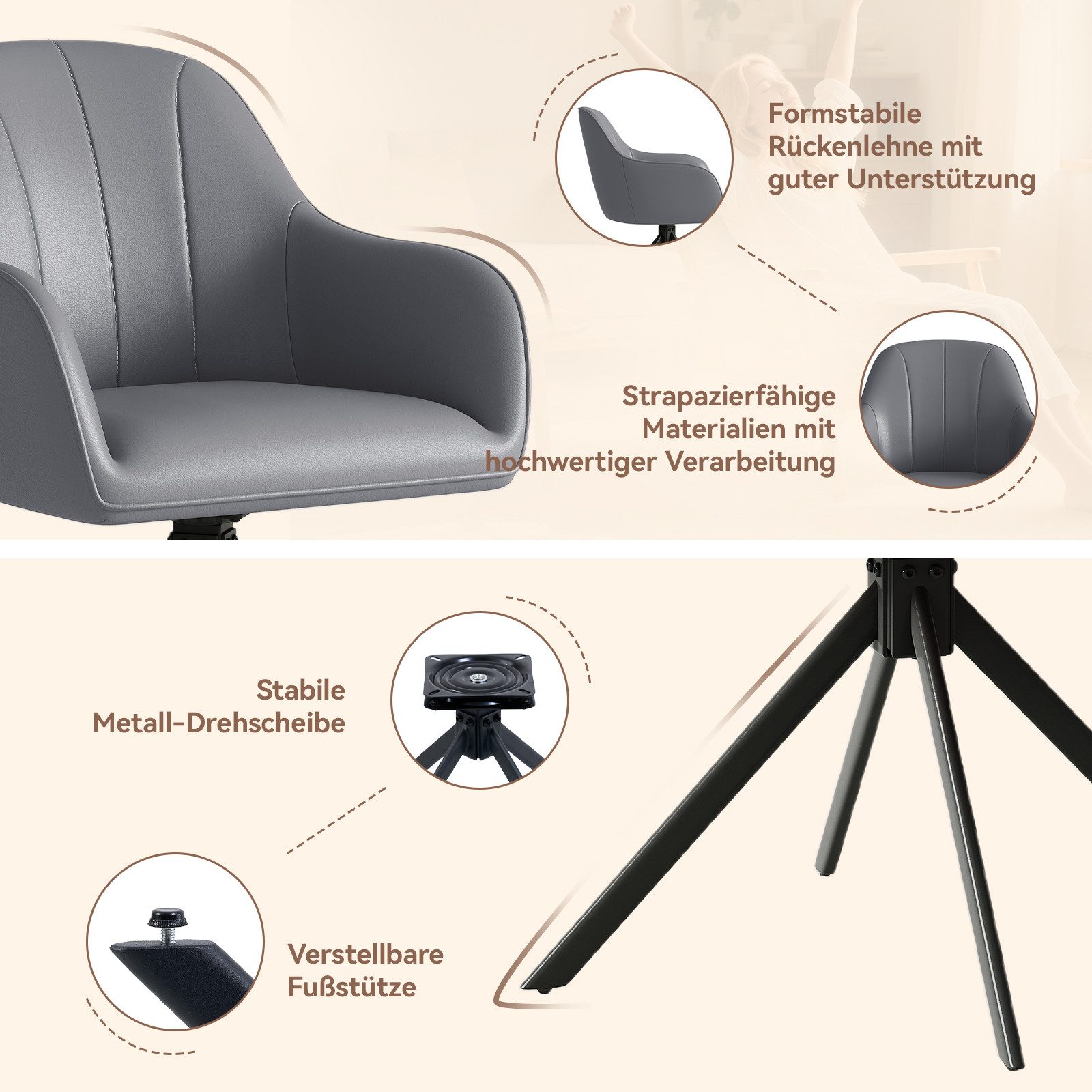 HawthyHome Polsterstuhl 360° drehbar mit Armlehne und Metallbeinen, 4-Fußstuhl (6 St), Moderner Küchenstuhl Esszimmerstuhl für Wohnzimmer & Büro – Bild 5 von 5