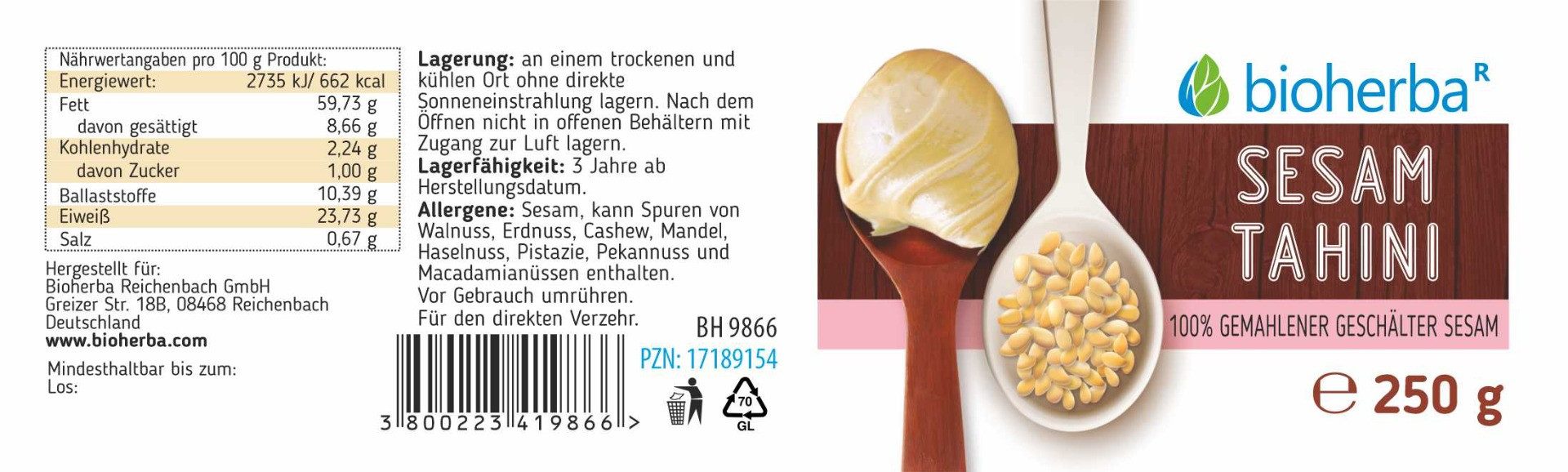 BIOHERBA R Sesam Tahini 100% gemahlener geschälter Sesam 250 g Glas