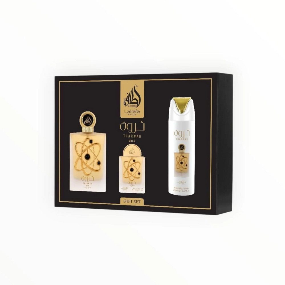 Lattafa Duft-Set Tharwah Gold, Luxuriöses orientalisches Duft Geschenkset für Damen mit Deospray