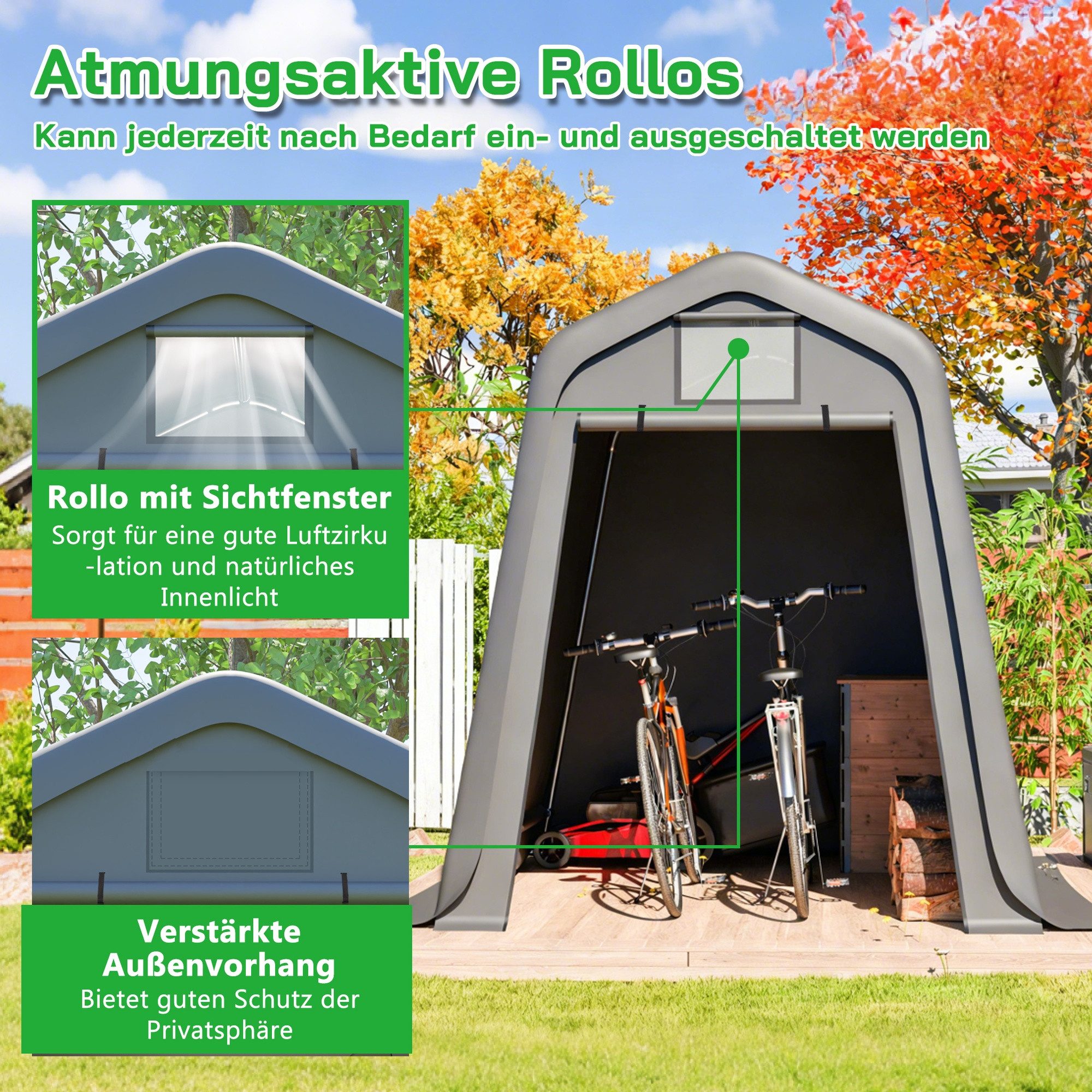 MC Star Gerätehaus Aufbewahrungsschuppen 245x183x217cm Grau – Vielseitig als Gerätehaus, Fahrradunterstand oder Carport nutzbar, Wasserdichtes PE-Material