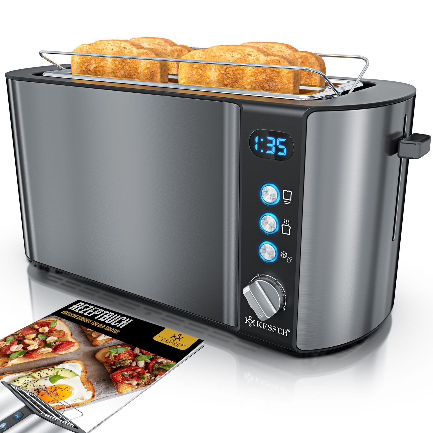 Toaster mit Brötchenaufsatz, Langschlitz 4 Scheiben mit 6 Bräunungsstufen