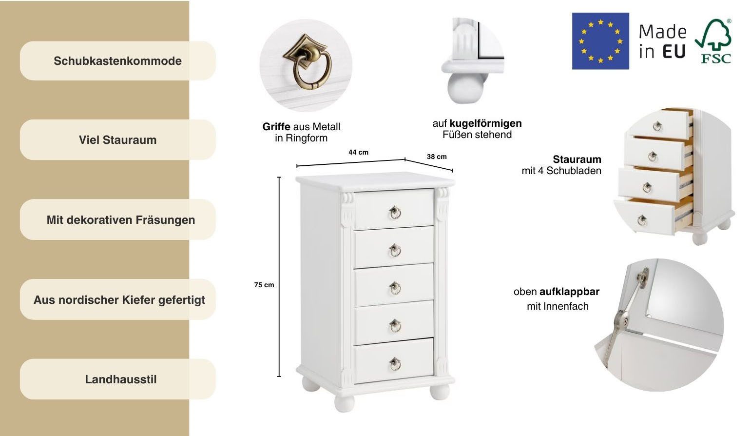 OTTO home Schubkastenkommode Tessin, Schminkkommode mit Spiegel, aus massiver Kiefer, FSC®-zertifiziert
