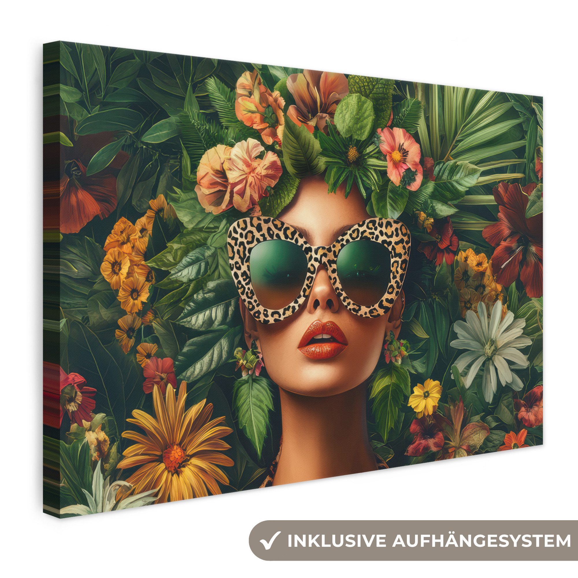 OneMillionCanvasses® Leinwandbild Frau - Pantherdruck - Dschungel - Natur - Luxus, Fotodruck (1 St), Leinwand Bilder Klein, Wand Dekoration Aesthetic 30x20 cm