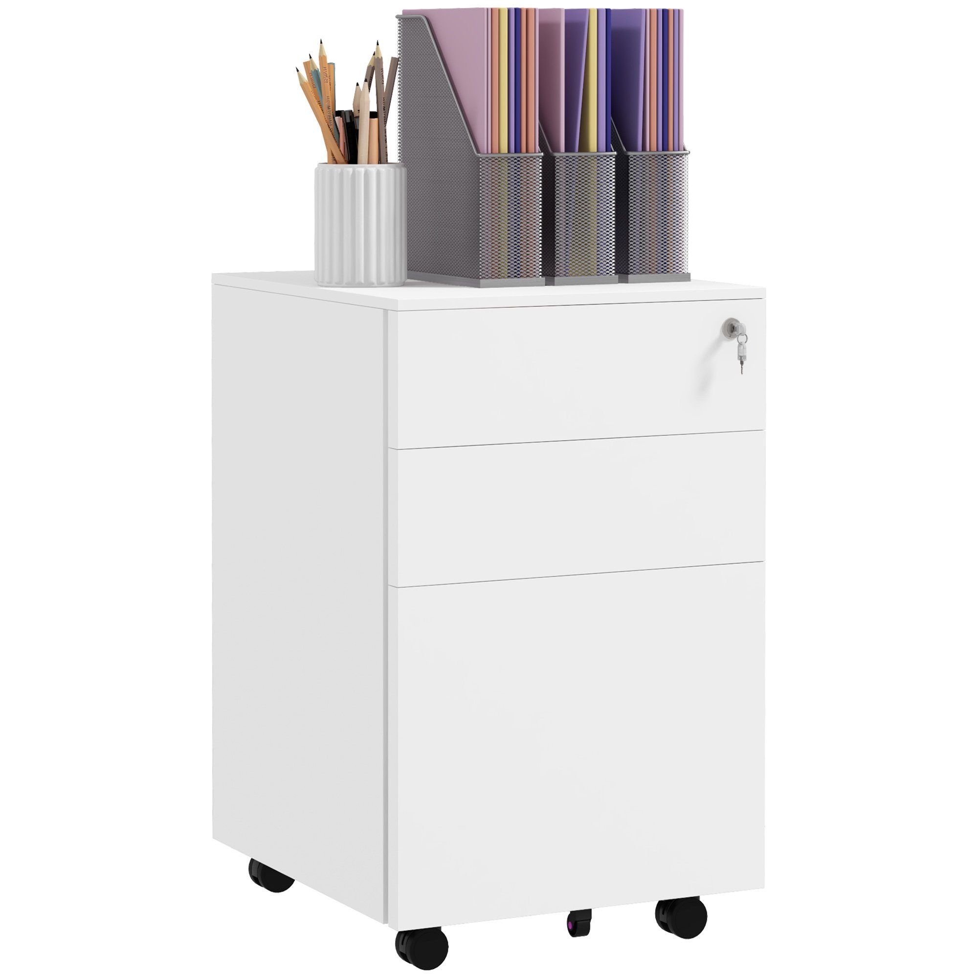 Vinsetto Rollcontainer Aktenschrank mit 3 Schubladen, Büroschrank, Bürocontainer mit Schloss, (Druckschrank, 1 St., Büroschrank), für A4-Format, Stahl, 37 x 43,5 x 60 cm, Weiß