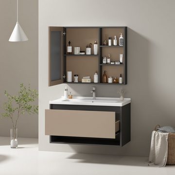 BlingBin Badmöbel-Set Waschbeckenunterschrank hängend mit Keramikwaschbecken Spiegelschrank, (Komplett-Set, 3-St., 3er Set), Waschbeckenunterschrank 90cm breit