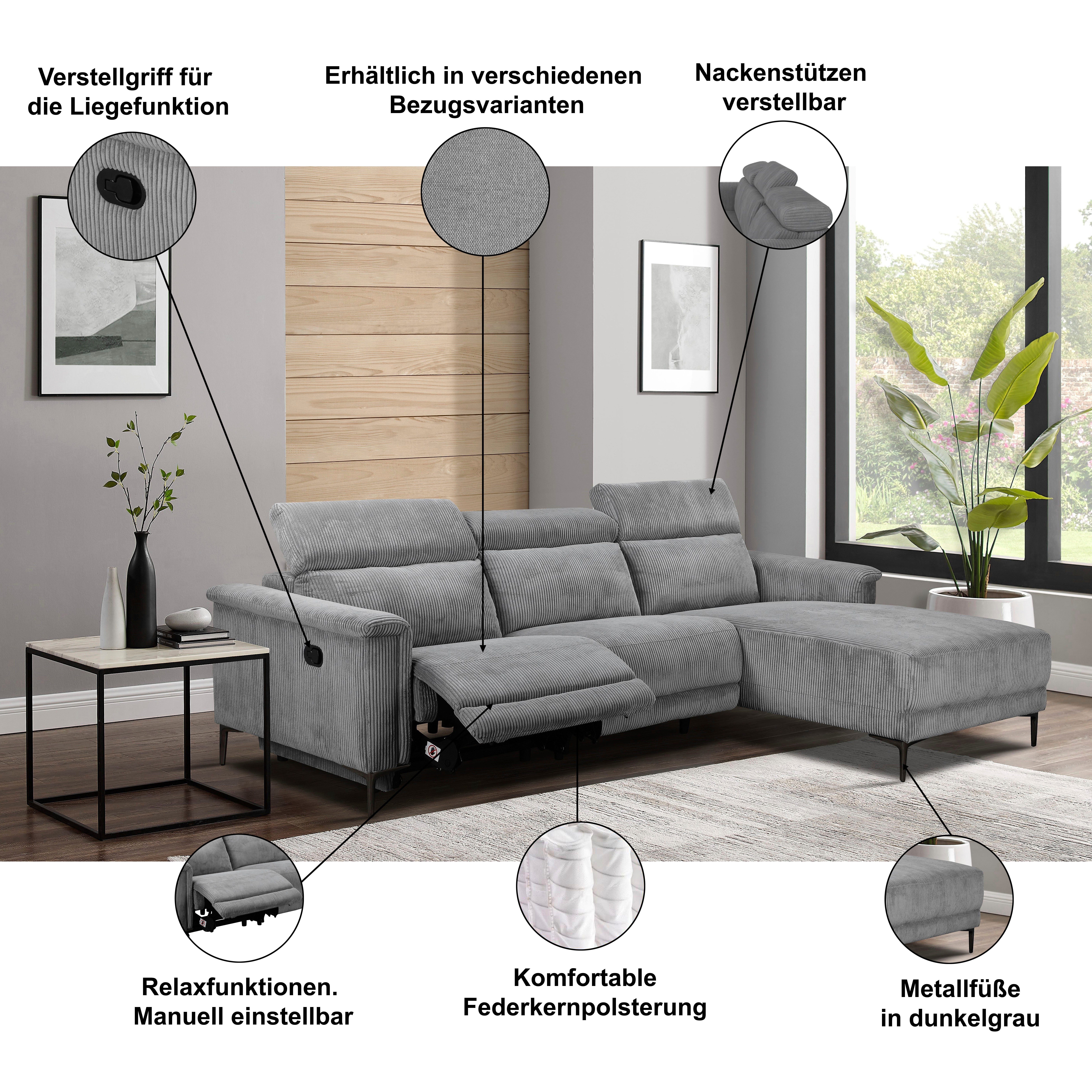 OTTO home Ecksofa LUND, L-Form, 261cm, man. o. elektr. Relaxfunktion (mit USB-A), und Kopfteilverstellung