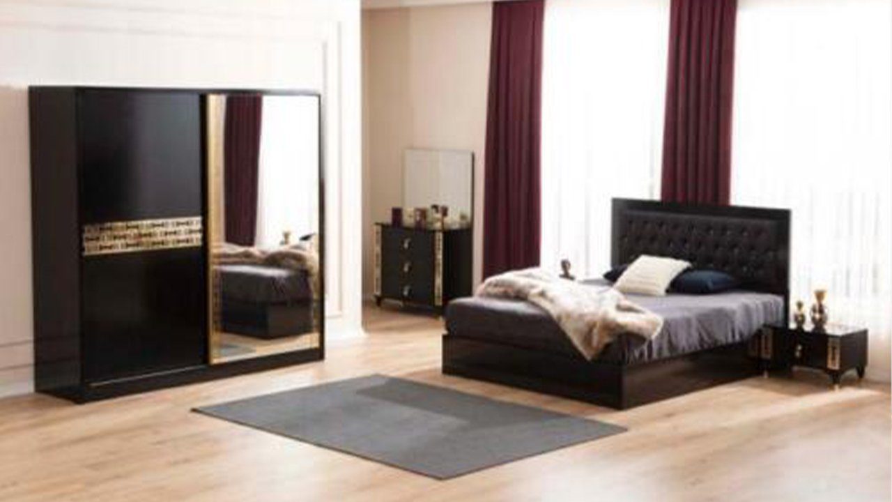 JVmoebel Schlafzimmer-Set Schwarzes Modernes Schlafzimmer Garnitur Doppelbett Nachttische, Made In Europe