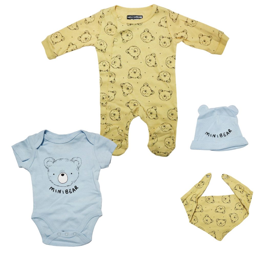 Strampler Teddybär Baby 4 tlg Set Body Strampler Lätzchen Mütze