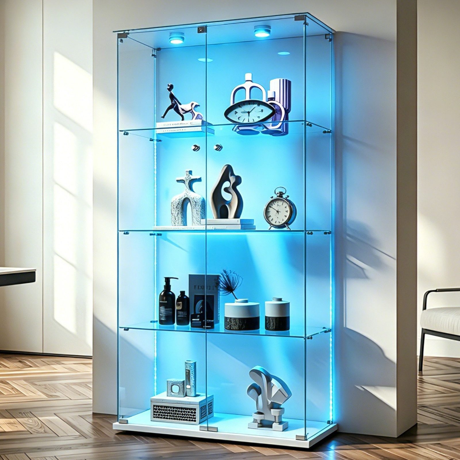 Simurq Glasvitrine Standvitrinen mit LED Beleuchtung Vitrinenschrank mit Glastür (glas vitrine mit 2 Glastür und 4 Lagen,Schloss,Kippsicherung) Sammlervitrine aus gehärtetes Glas,Modernes rahmenloses Design