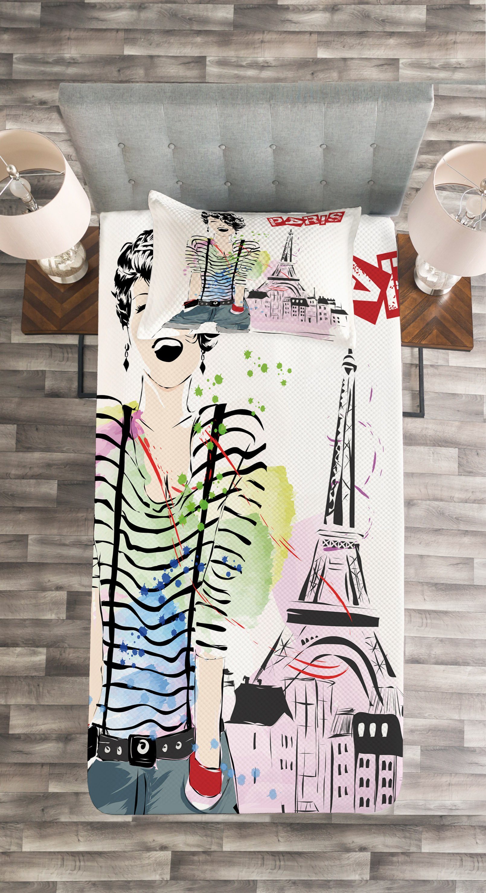Mädchen Abakuhaus, Kissenbezügen mit Set Glückliches jugendlich Eiffelturm Waschbar, Tagesdecke