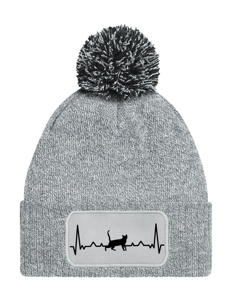 Youth Designz Beanie Unisex Strick Bommel Beanie Mütze mit Heartbeat Katze Aufdruck mit lustigen Motiv für Männer und Damen