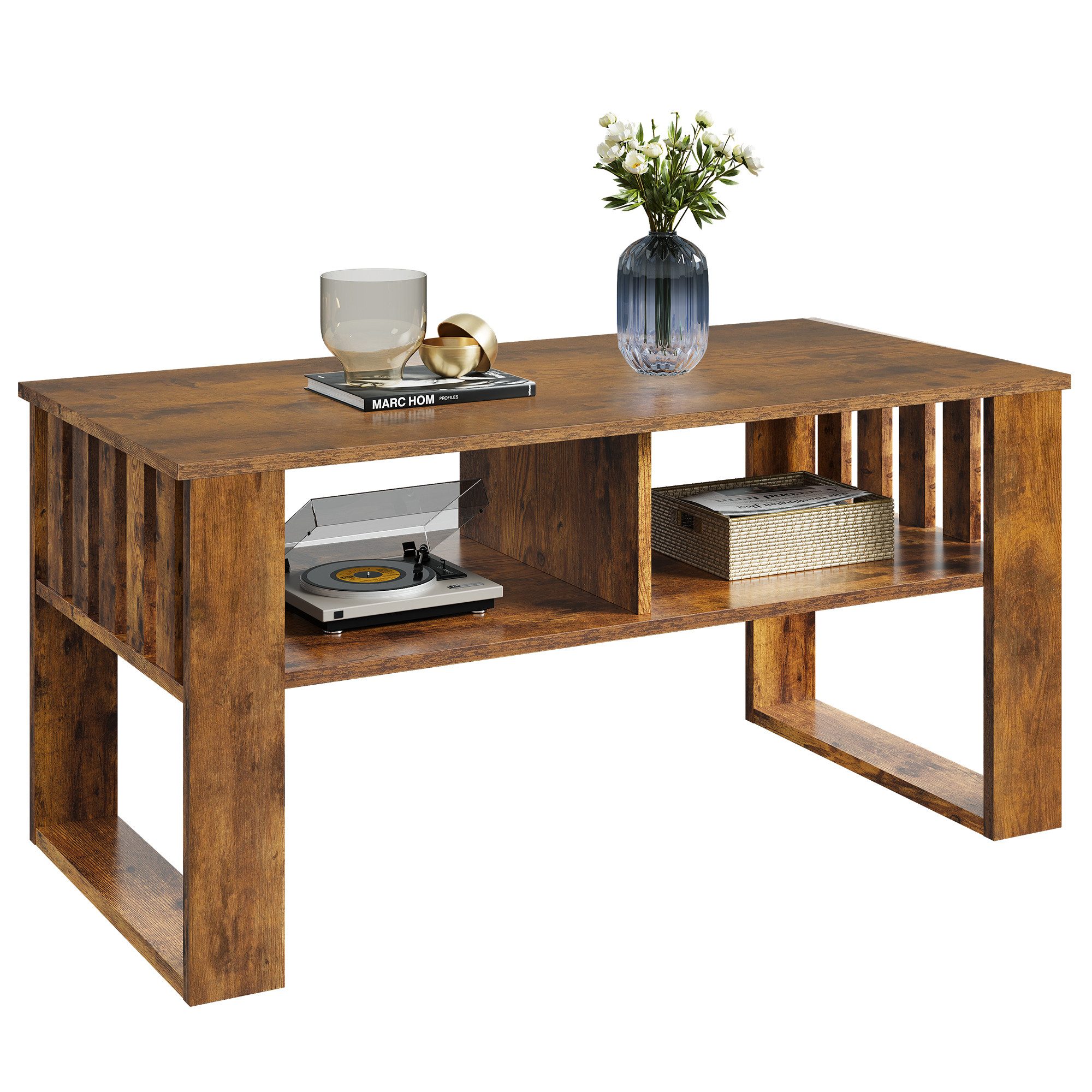 WLIVE Couchtisch Vintage 100×48,5×48cm, Wohnzimmertisch mit Aufbewahrung, (Breite 100 cm, 1Tisch), Sofatisch für Schlafzimmer, Homeoffice, Vintagebraun