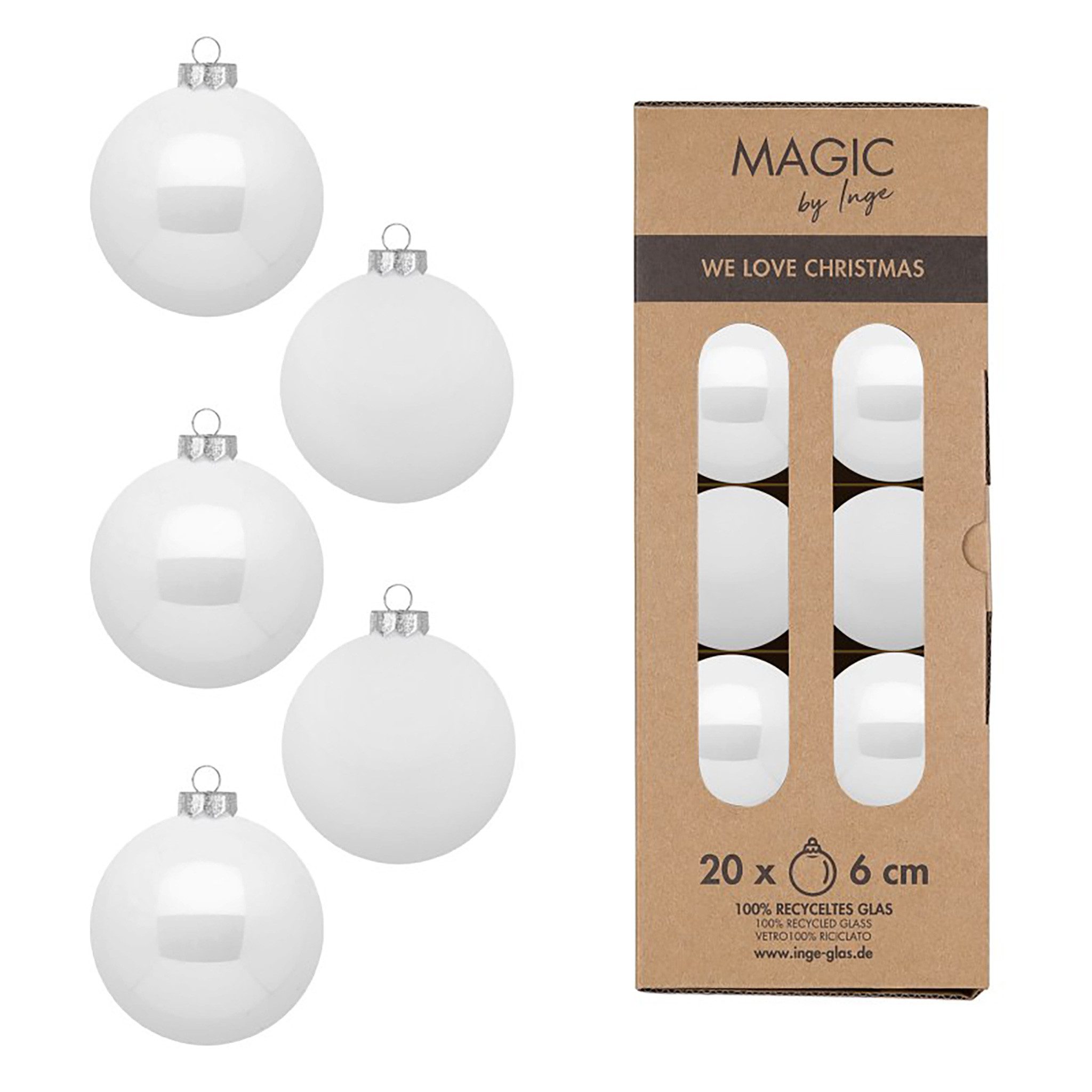 MAGIC by Inge Weihnachtsbaumkugel, Weihnachtskugeln Glas 6cm 20 Stück - Pure White