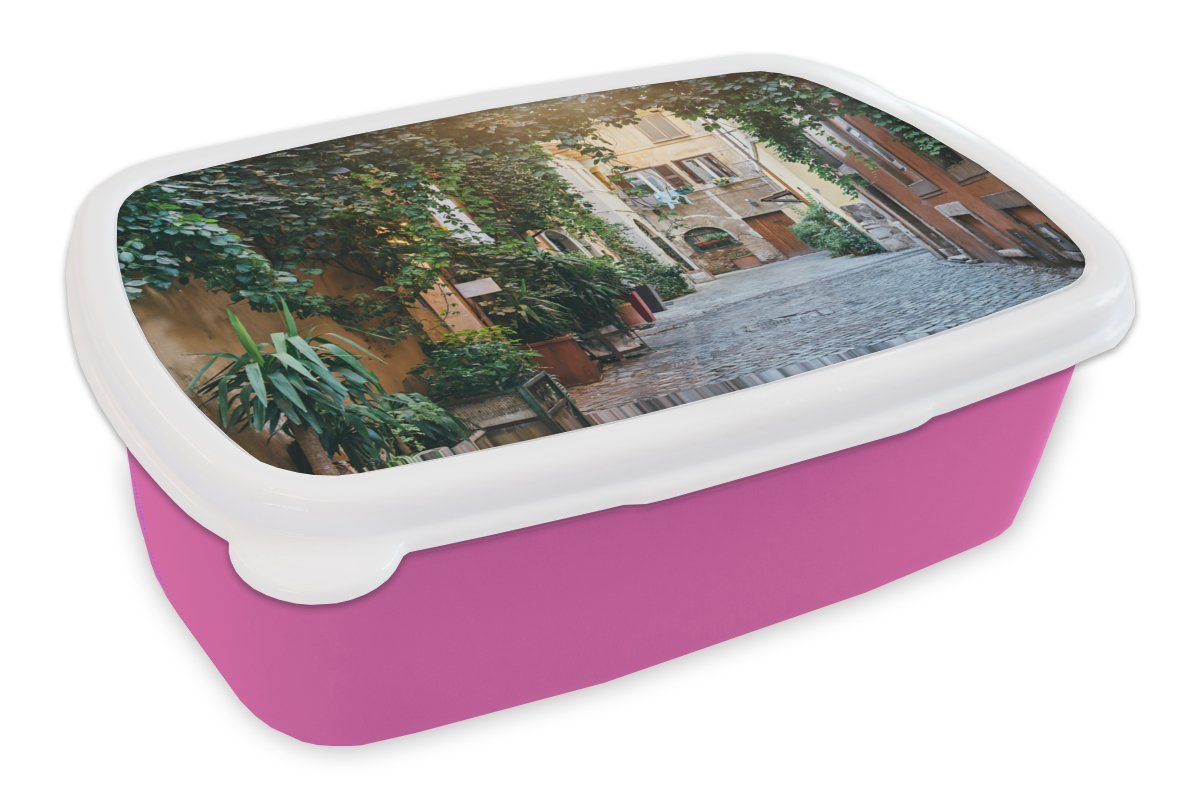 MuchoWow Lunchbox Italien - Straße - Schleicher, Kunststoff, (2-tlg), Brotbox für Erwachsene, Brotdose Kinder, Snackbox, Mädchen, Kunststoff rosa