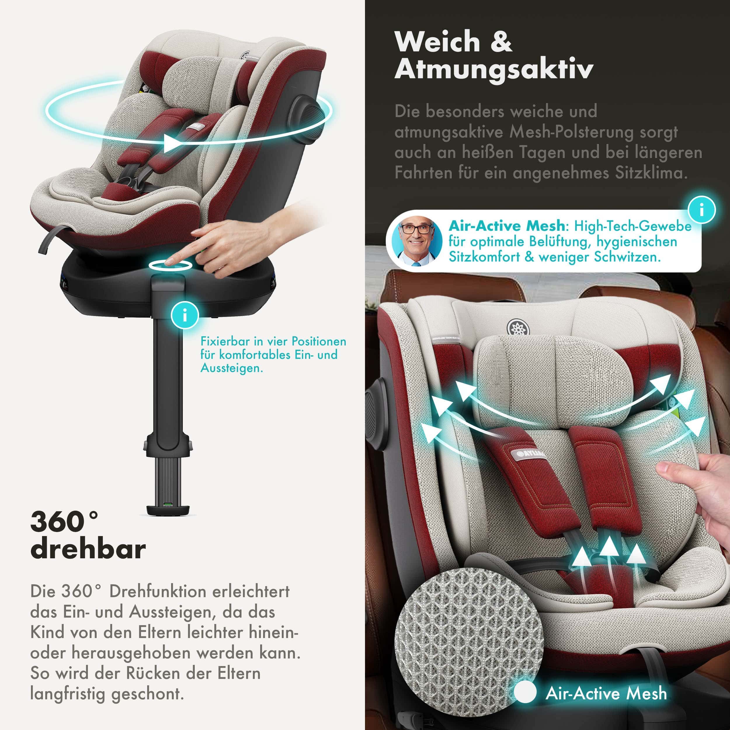 Daliya® Autokindersitz BRAVO i-Size Auto-Kindersitz, 360° drehbar, mitwachsend, atmungsaktiv, ab: ab Geburt, bis: bis 12 Jahre, ab: 40 cm, bis: 150 cm, (Neugeborenen-Set, 4-tlg), 8 Stufen Sitzneigung, verstellbare Kopfstütze, Stützbein, Belüftet