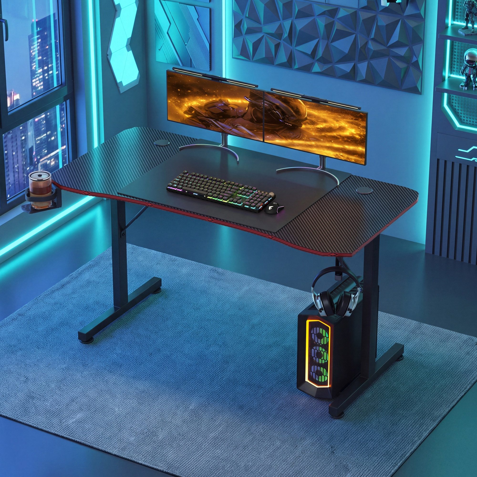 HOMALL Gamingtisch 140/160/180 cm, Computertisch, Gaming-Tisch (Ergonomischer Gaming-Schreibtisch für das Gaming-Zimmer, ausgestattet mit Kopfhörerhalterung, Ge – Bild 2 von 5