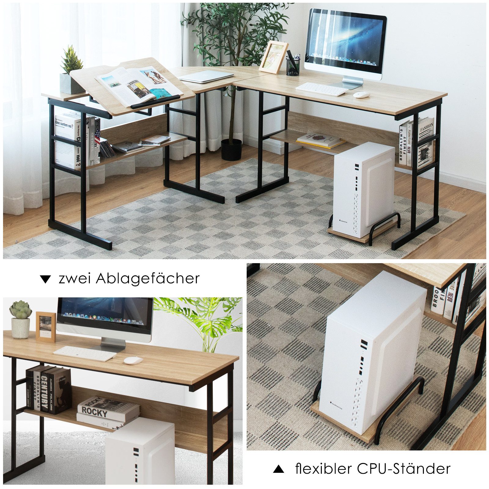 COSTWAY Eckschreibtisch, mit Stauraum, CPU-Ständer & Regal, neigbar, L-förmig