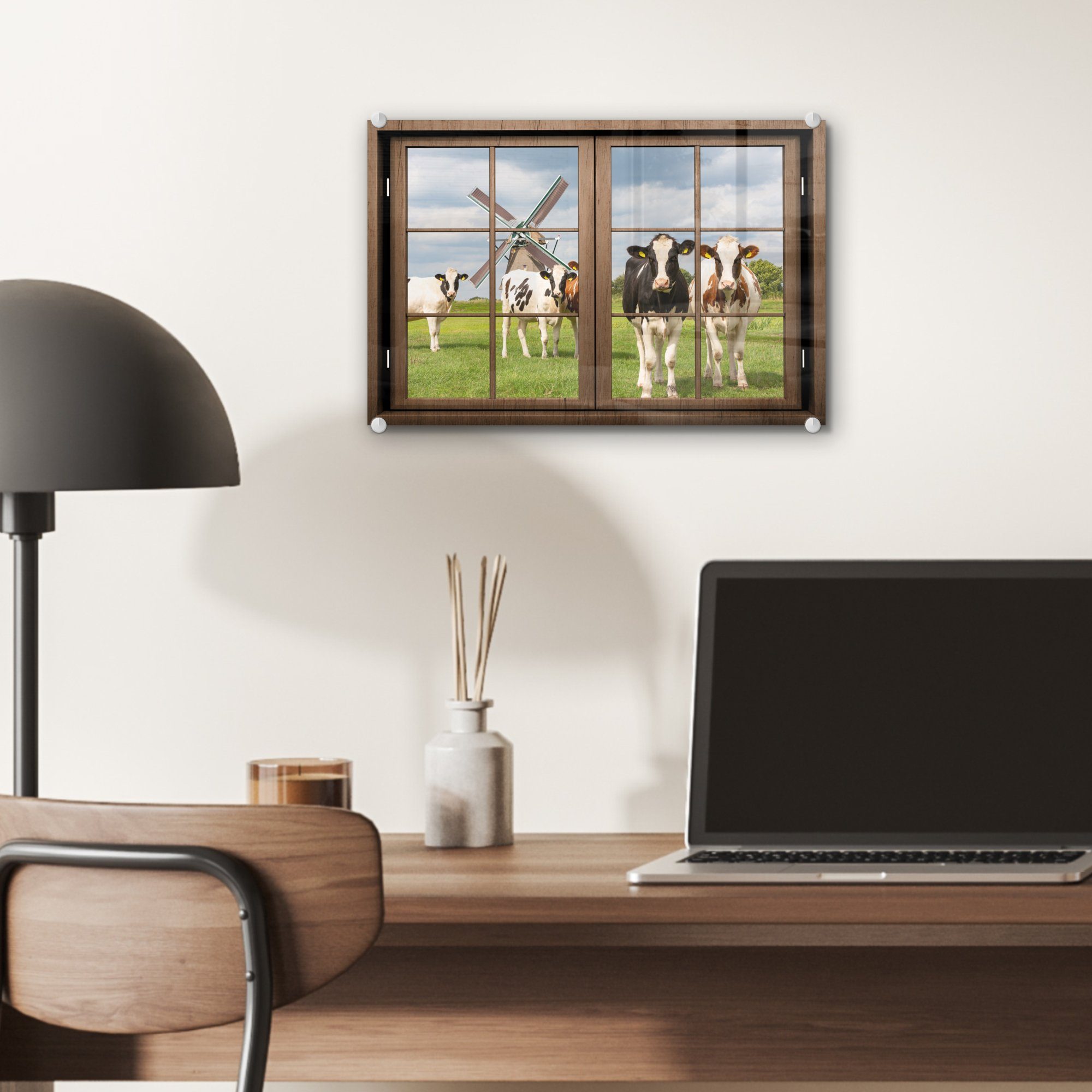 - (1 Kuh, - Acrylglasbild Glas Glas Glasbilder MuchoWow - Foto Ansicht - Bilder St), auf Wanddekoration - Wandbild auf Mühle