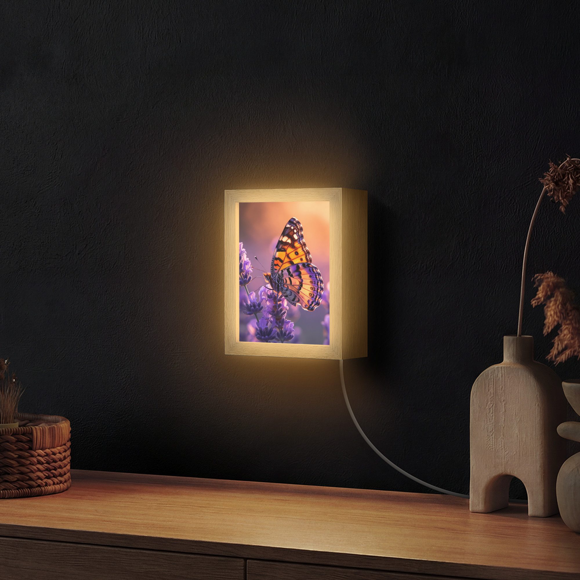 OnlyWow Wandleuchte Lightbox Blumen - Schmetterling - Lavendel - Blume - Natur, Dimmbar, Farbwechsel, LED, Warmweiß, Kaltweiß, Neutralweiß Einstellbar, Wandlampe Innen, Dimmbar, mit Kabel, LED, Beleuchtung, Wohnzimmer