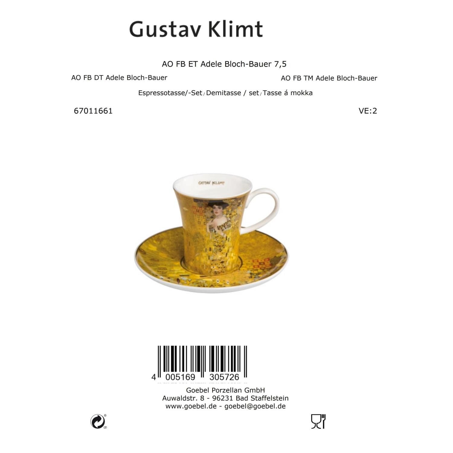 Goebel Espressotasse Gustav Klimt, Porzellan, Spülmaschinengeeignet, Gold, Adele Bloch-Bauer, H: 8cm