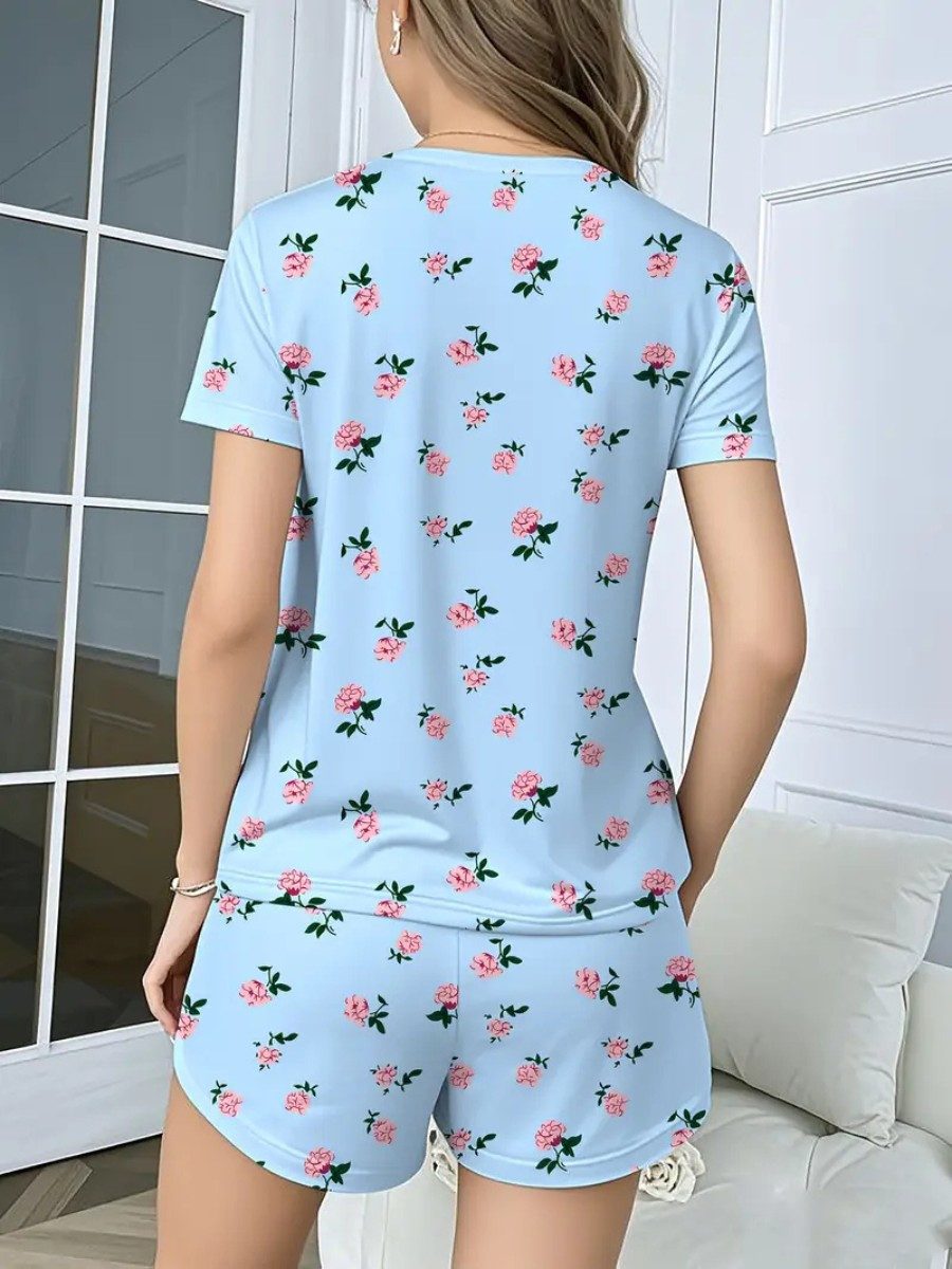 Elegant Love Shorty Damen-Schlafanzug-Set – Lässige Homewear mit floralem Blumenmotiv (Set, 2 tlg., Weiches Oberteil mit kurzen Ärmeln und elastischen Shorts) Elegante Nachtwäsche & komfortable Loungewear mit Blumenmuster