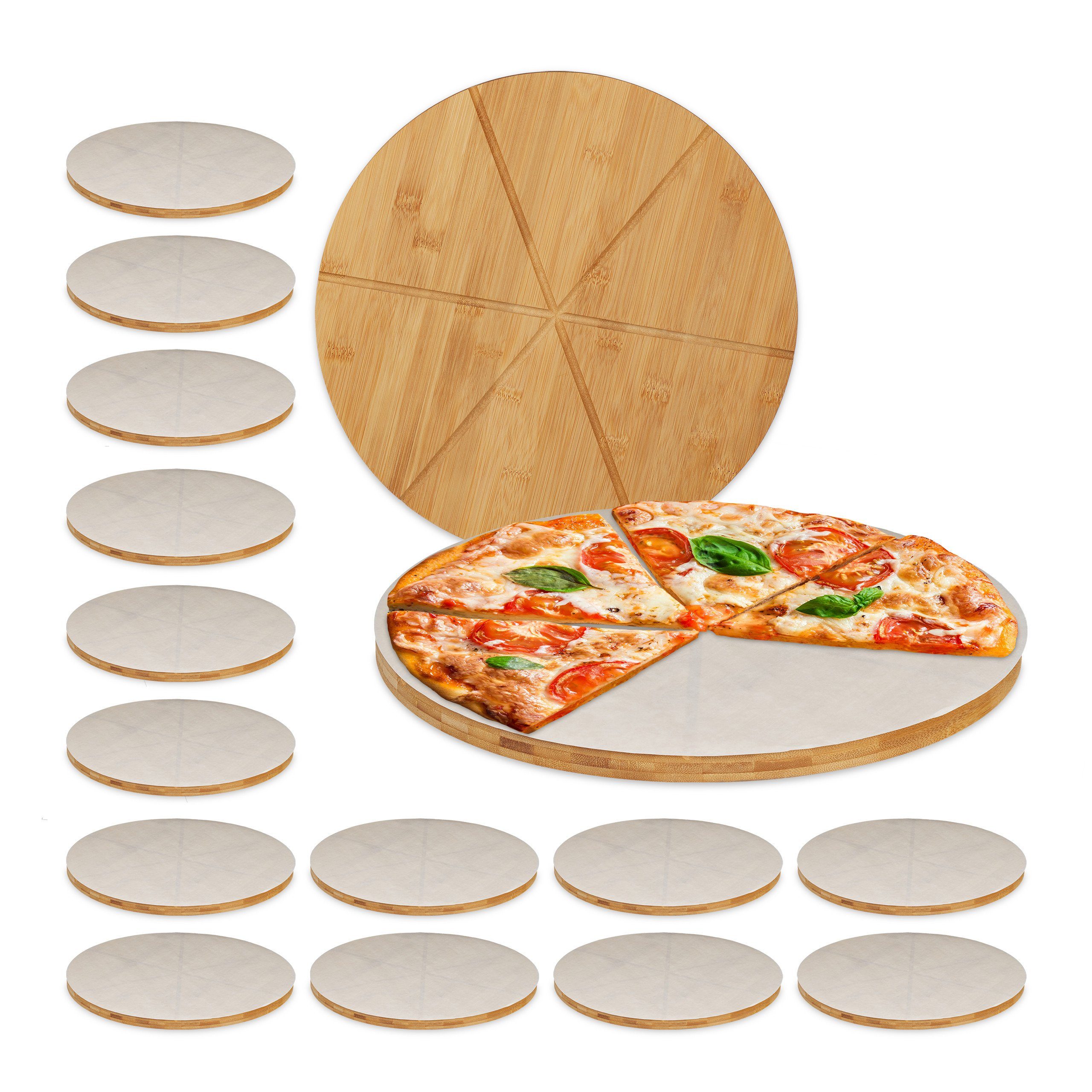 relaxdays Pizzateller 16 x Pizzabrett Bambus mit Backpapier