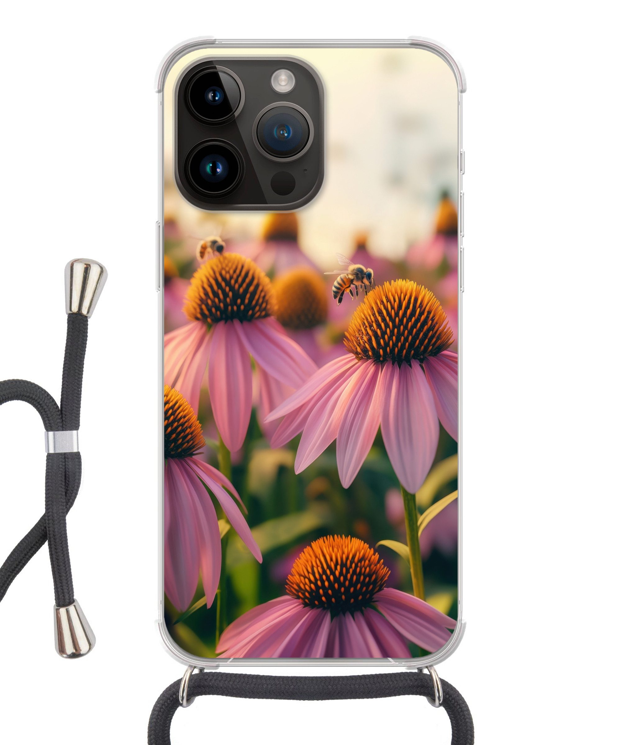 MuchoWow Handyhülle für Apple iPhone 14 Pro Blumen - Lila - Bienen, Tragbare Handyhüllen mit Kette zum umhängen, Handykette Handyband
