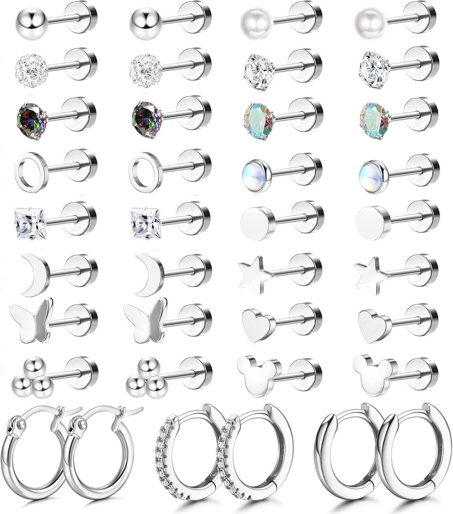 Schmuckset 19 Paar Kleine Ohrstecker Damen Set Chirurgenstahl Zirkonia Creolen