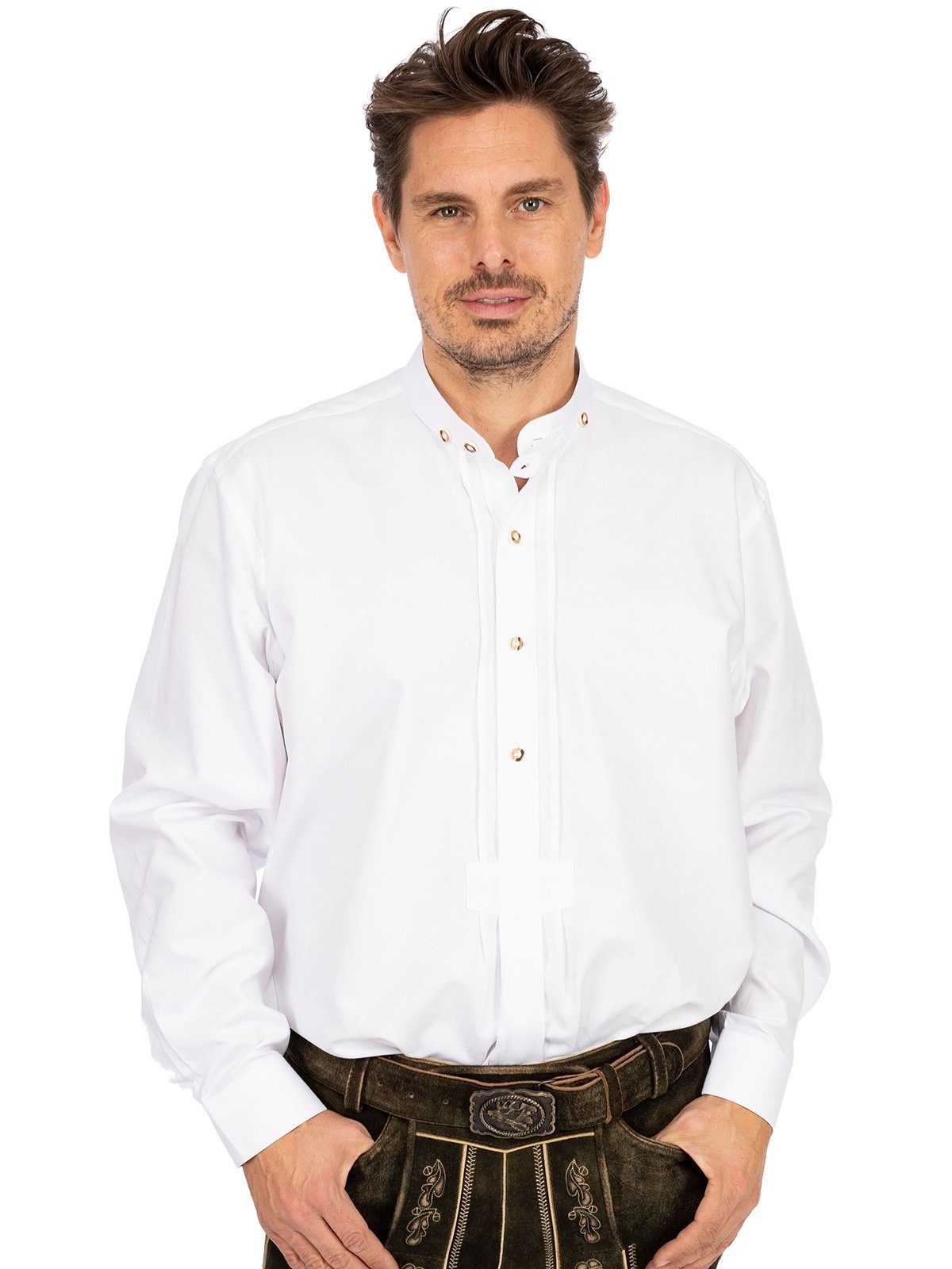 (Regular weiß Fit) Trachtenhemd LF103 Hemd Stehkragen Almsach