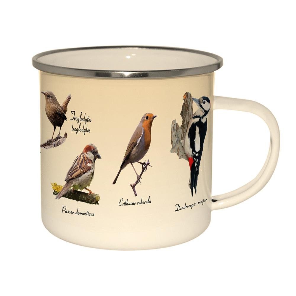 Linoows Tasse Emaille Tasse heimische Vögel, Henkelbecher 10 cm, Emaille, Henkeltasse, Outdoor Henkelbecher Orange/Bunt