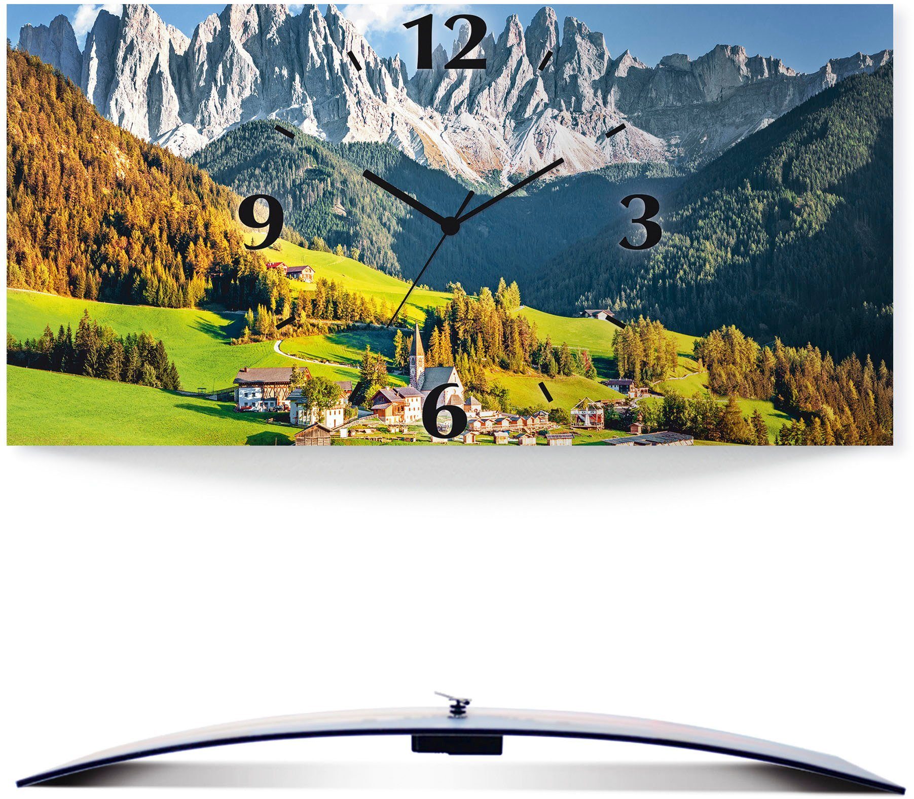 Artland Wanduhr Alpen Berge Santa Maddalena (3D Optik gebogen, mit Quarz- oder Funkuhrwerk, versch. Größen)