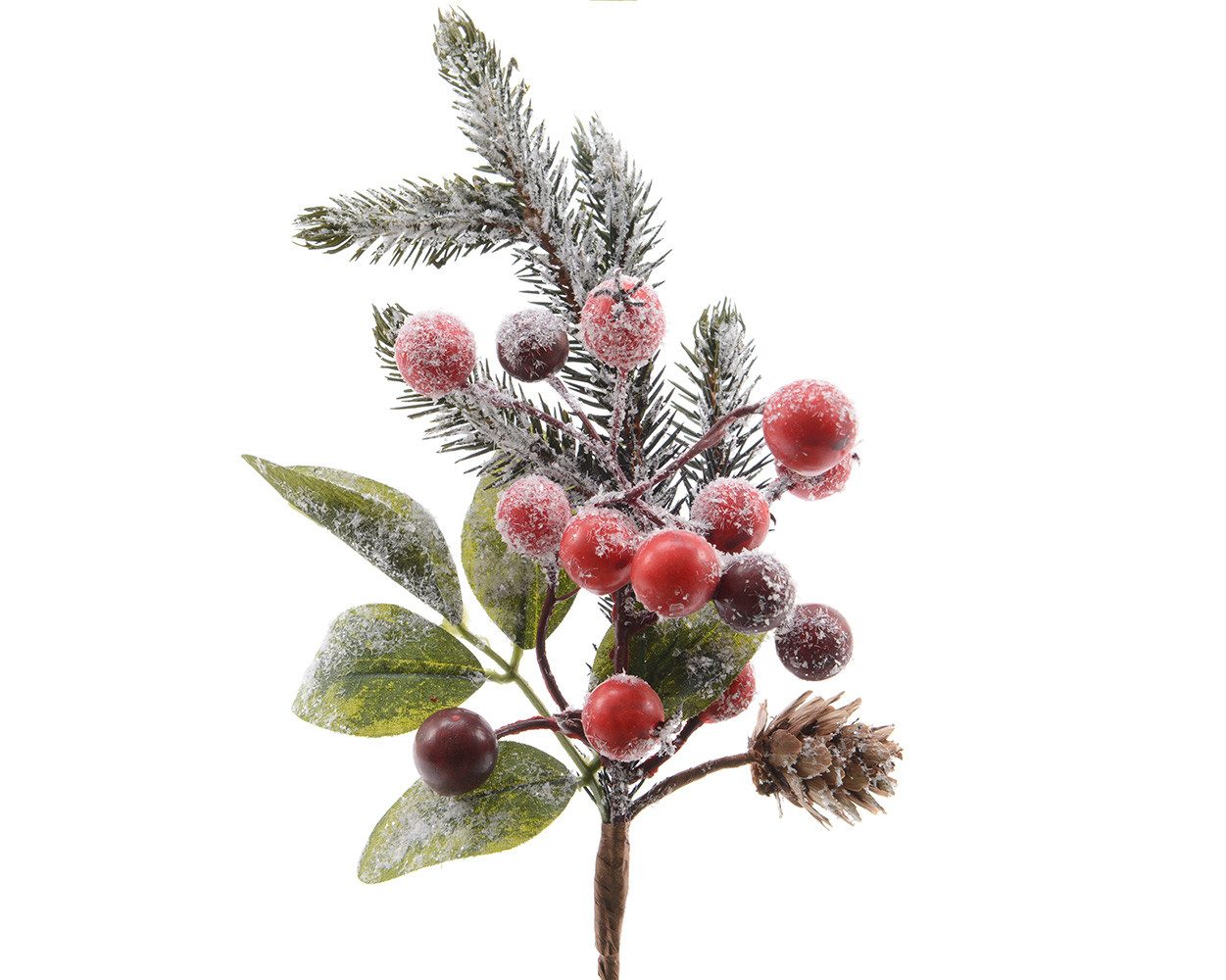 Kunstblume, Kaemingk, Tannenzweig 24cm mit Beeren, Zapfen und Schnee künstlich grün / rot