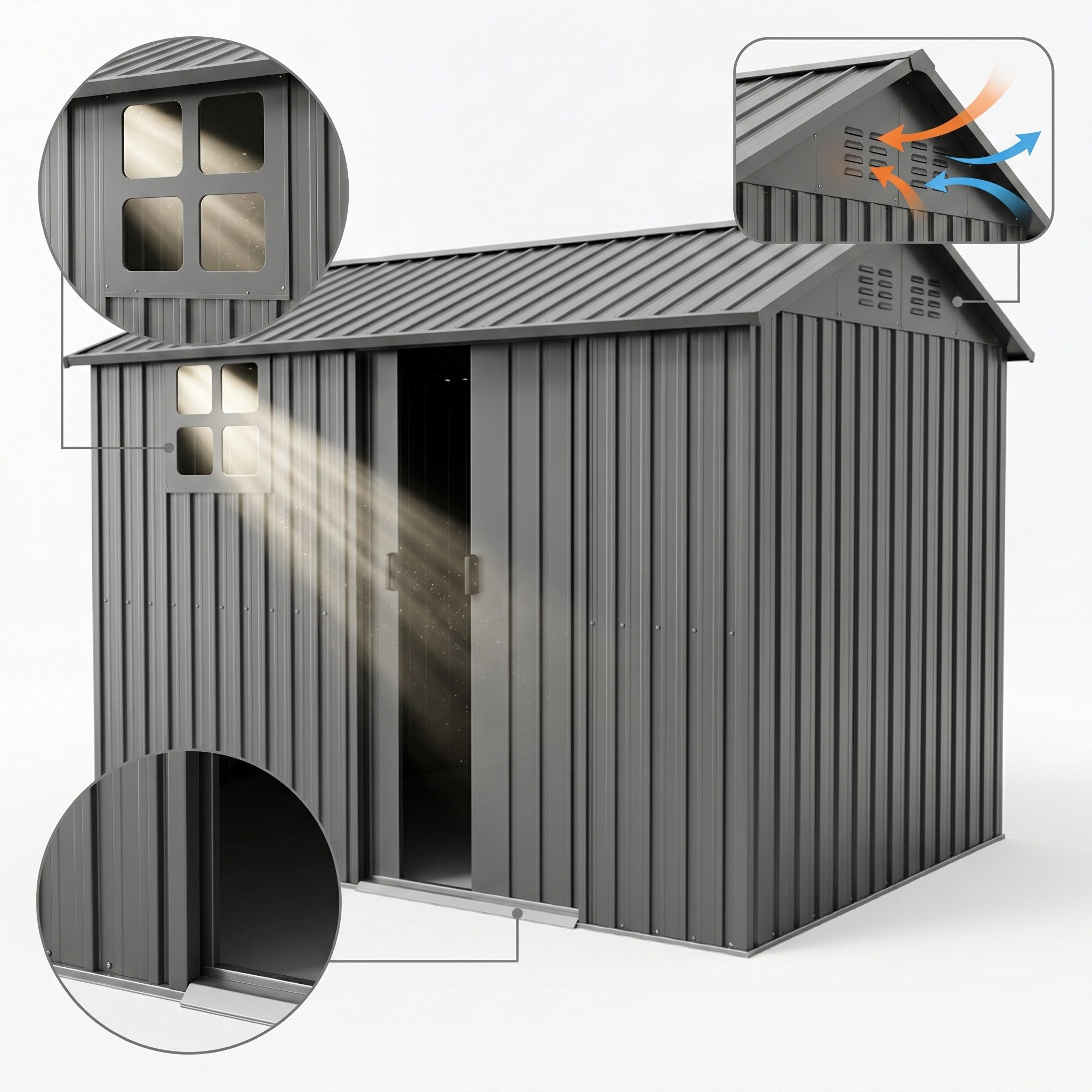 Rolipo Gerätehaus Metall Gartenhaus mit Fenster und Doppeltüren 254,8x183,5x193,3 cm, verzinkter Stahl, Spielzimmer für Eltern und Kinder/Haustiere