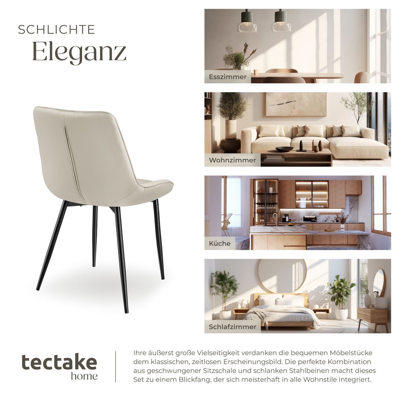 tectake Esszimmerstuhl Set Stuhl Monroe Samtoptik (Set, 2 St), Ergonomisch geformte Sitzschale mit großer Rückenlehne