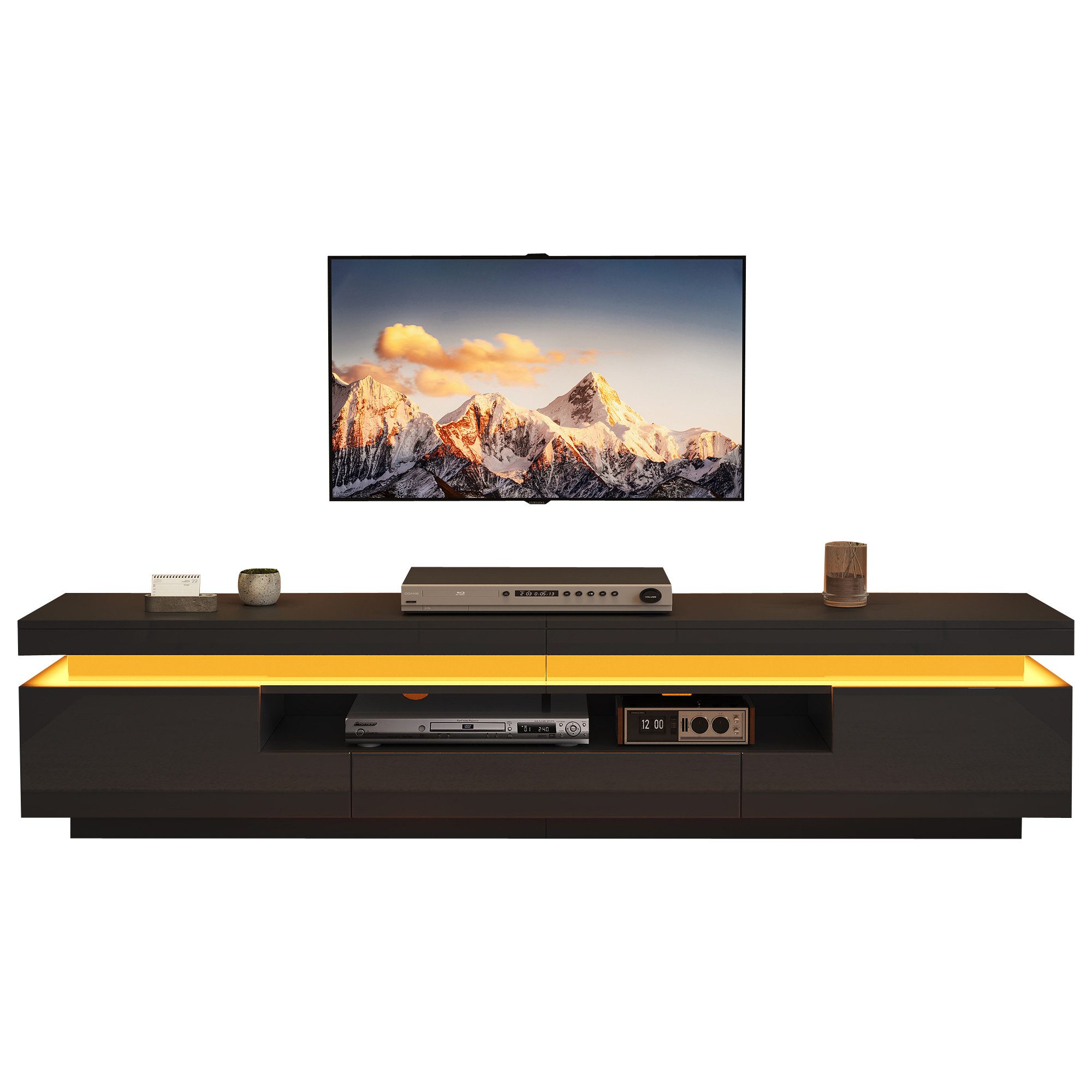 Merax Lowboard hochglanz TV-Schrank mit LED-Beleuchtung (175×38×45 cm, 1 St., Lowboard für Fernseher bis 75 Zoll, Weiß), Fernsehschrank mit 2 L-Schränken, 1 Schublade & halboffener Ablage
