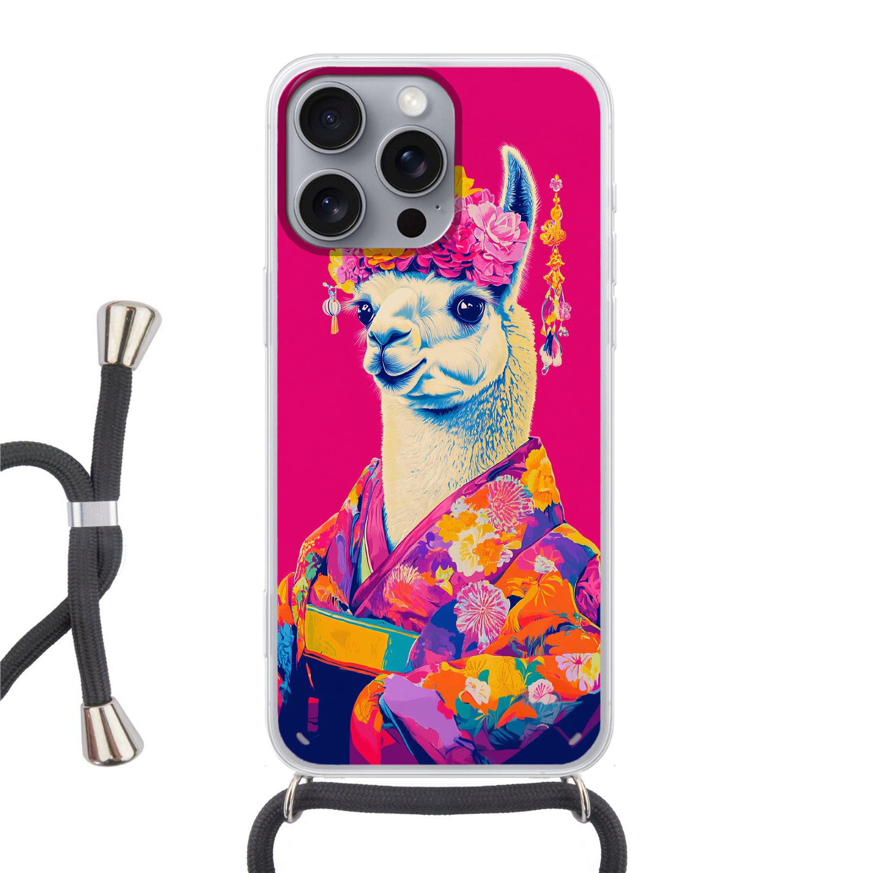 MuchoWow Handyhülle für Apple iPhone 16 Pro Max Lama - Kimono - Blumenkranz - Hellrosa, Tragbare Handyhüllen mit Kette zum umhängen, Handykette Handyband