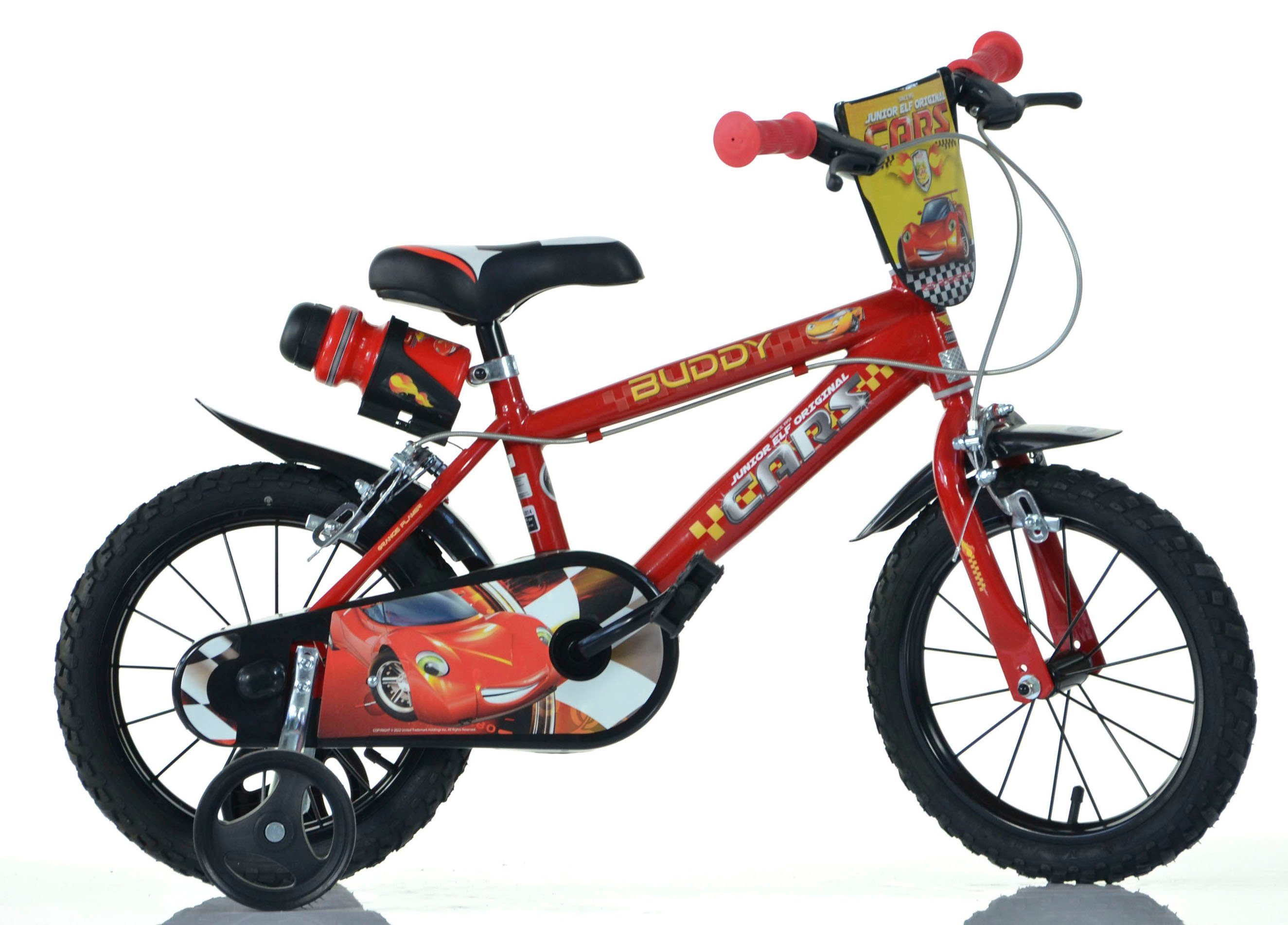 Dino Bikes Kinderfahrrad 14" Cars Kinderfahrrad Jungenfahrrad stabiler Stahl-Rahmen Stützräder, 1 Gang, mit Stützrädern, Trinkflasche und Frontschild