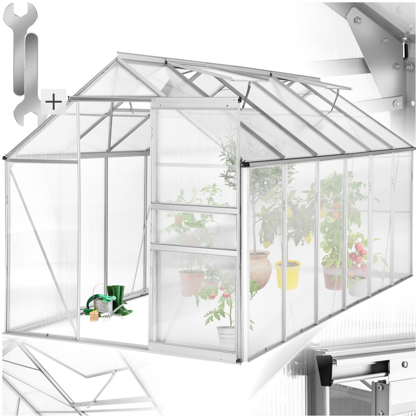 tectake Gewächshaus Pflanzenhaus Aluminium UV-beständig, Schiebetür, Dachfenster, groß, 0,40 mm Wandstärke, Set, 185 x 375 x 195 cm, Großzügiger Innenraum mit wärmedämmenden Hohlkammerplatten