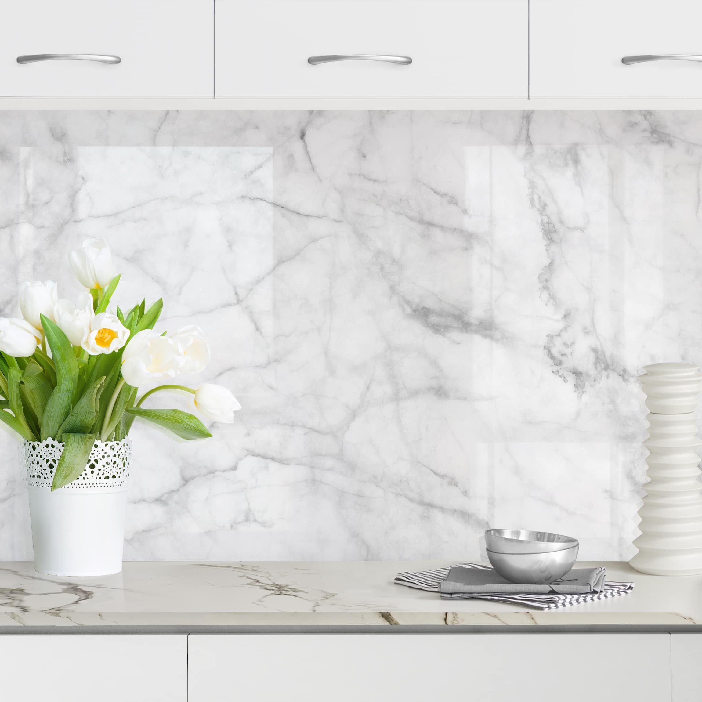 Bilderdepot24 Küchenrückwand weiß dekor 3D-Optik Muster Steinoptik Bianco Carrara, (1-tlg., Nischenrückwand - für Fliesenspiegel ohne Bohren - matt), Spritzschu – Bild 3 von 5