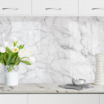 Bilderdepot24 Küchenrückwand weiß dekor 3D-Optik Muster Steinoptik Bianco Carrara, (1-tlg., Nischenrückwand - für Fliesenspiegel ohne Bohren - matt), Spritzschutz Rückwand Küche Herd - Folie selbstklebend versch. Größen