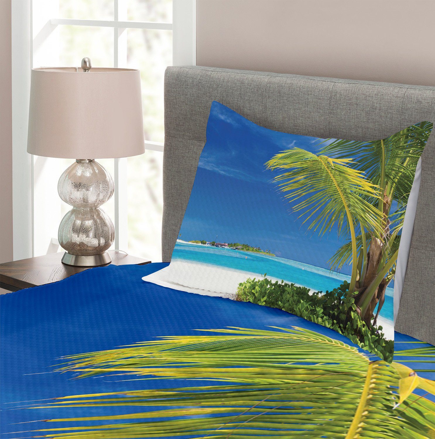 Tagesdecke Set mit Kissenbezügen Waschbar, Ozean Abakuhaus, Relaxing Tropic Karibik