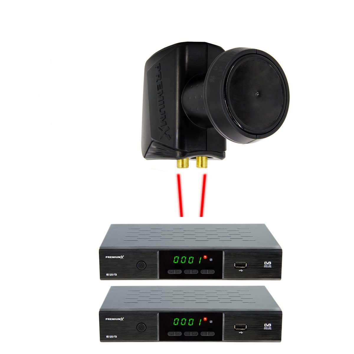 Thumbnail - PremiumX Twin LNB SAT für 2 Teilnehmer DVB-S2 HD 4K inkl. 4x F-Stecker Monoblock-LNB