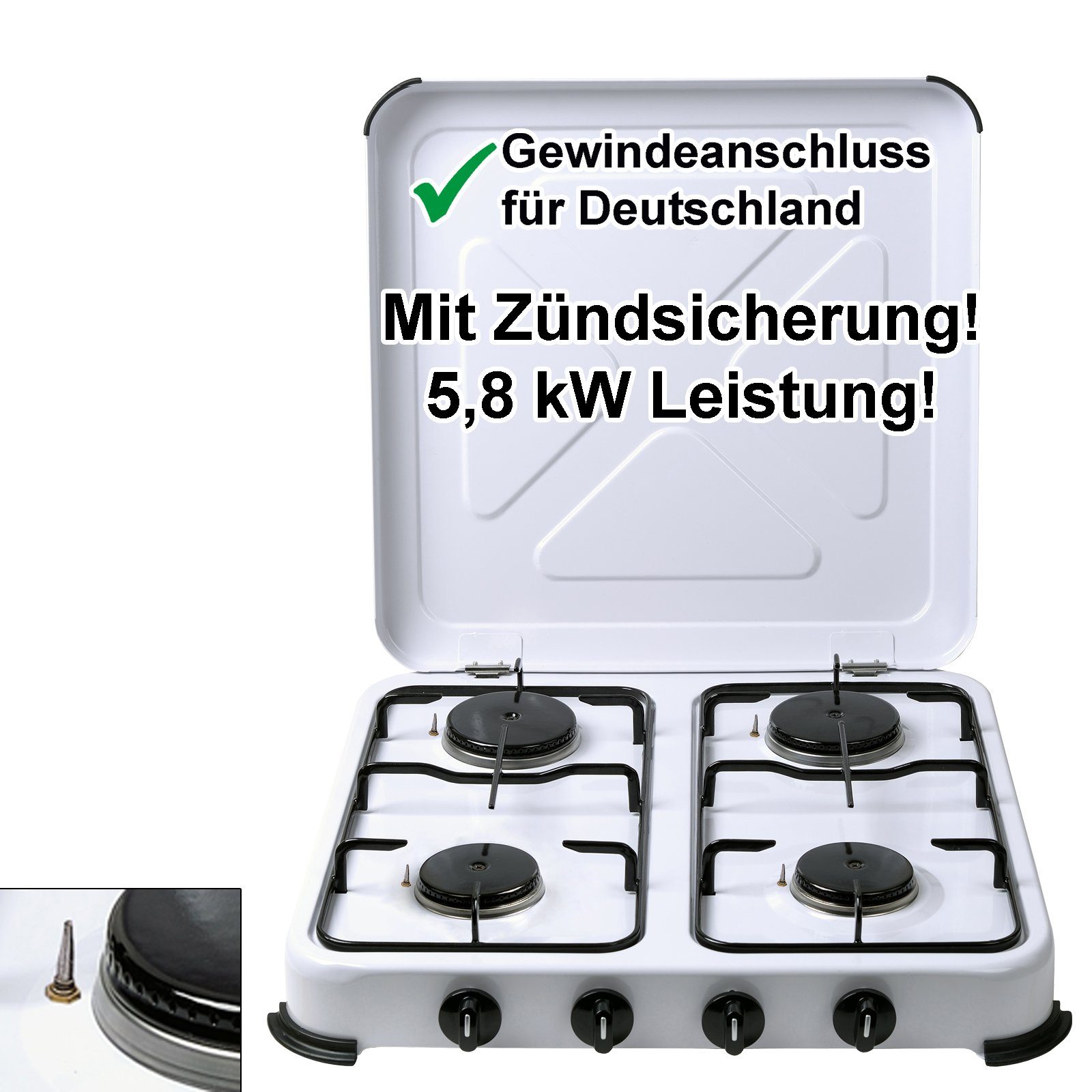 BlueCraft Gaskocher 4 flammig mit Zündsicherung 50mbar Propan Gas Campingkocher 5,8 kW, Camping Gas Kocher 4 flammen für Gasflasche Gasherd Gas-Kochfeld
