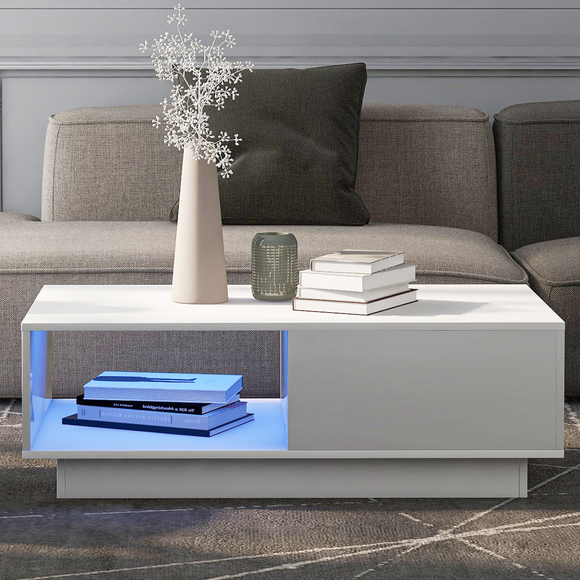 inkl. Couchtisch LED-Beleuchtung Fernbedienung, und Merax mit hochglanz Wohnzimmertisch Schublade Stauraum mit 15 großen Weiß Farben