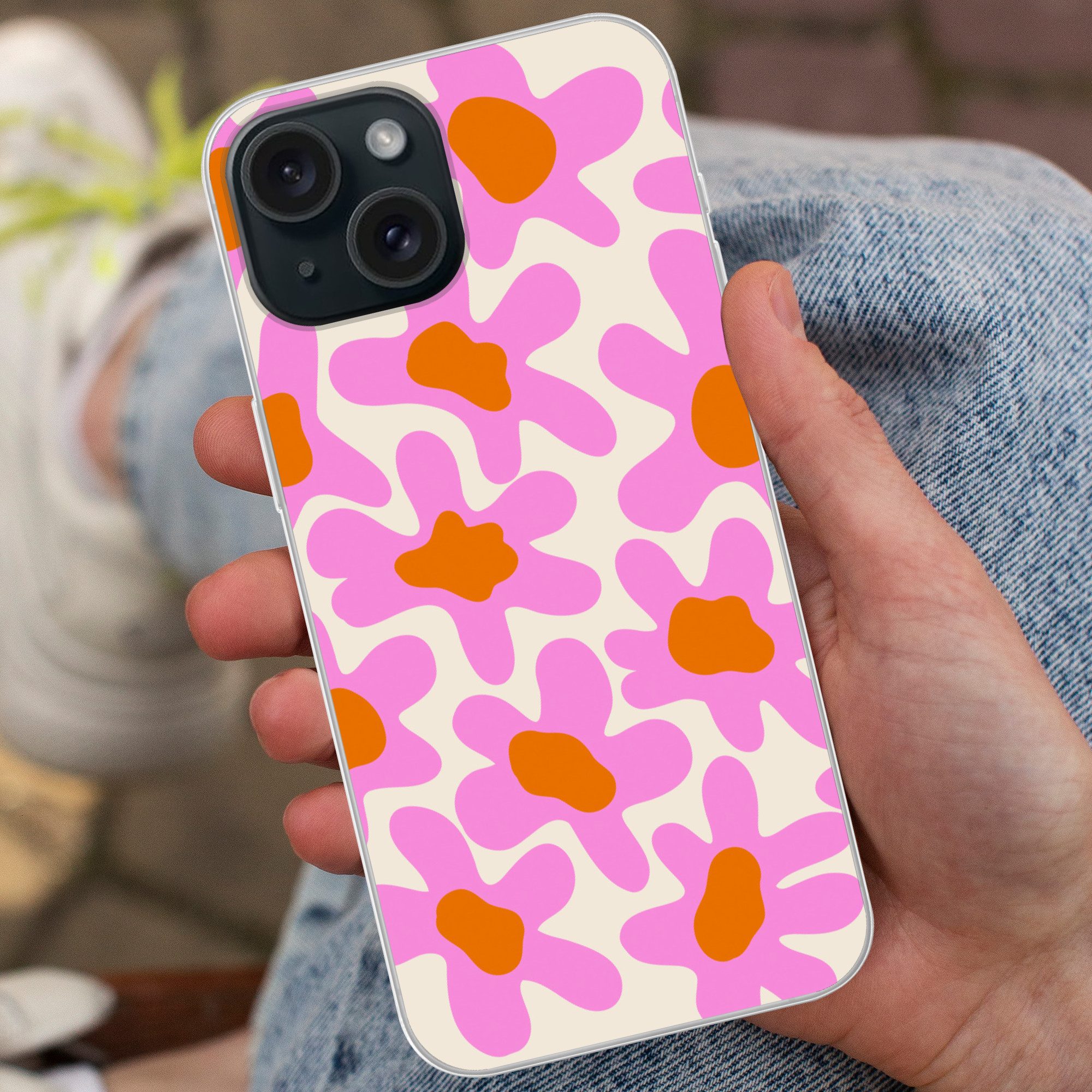 MuchoWow Handyhülle für Apple iPhone 15 Blume - Rosa - Muster, Smartphone-Bumper, Print, Handy Schutzhülle Dünn