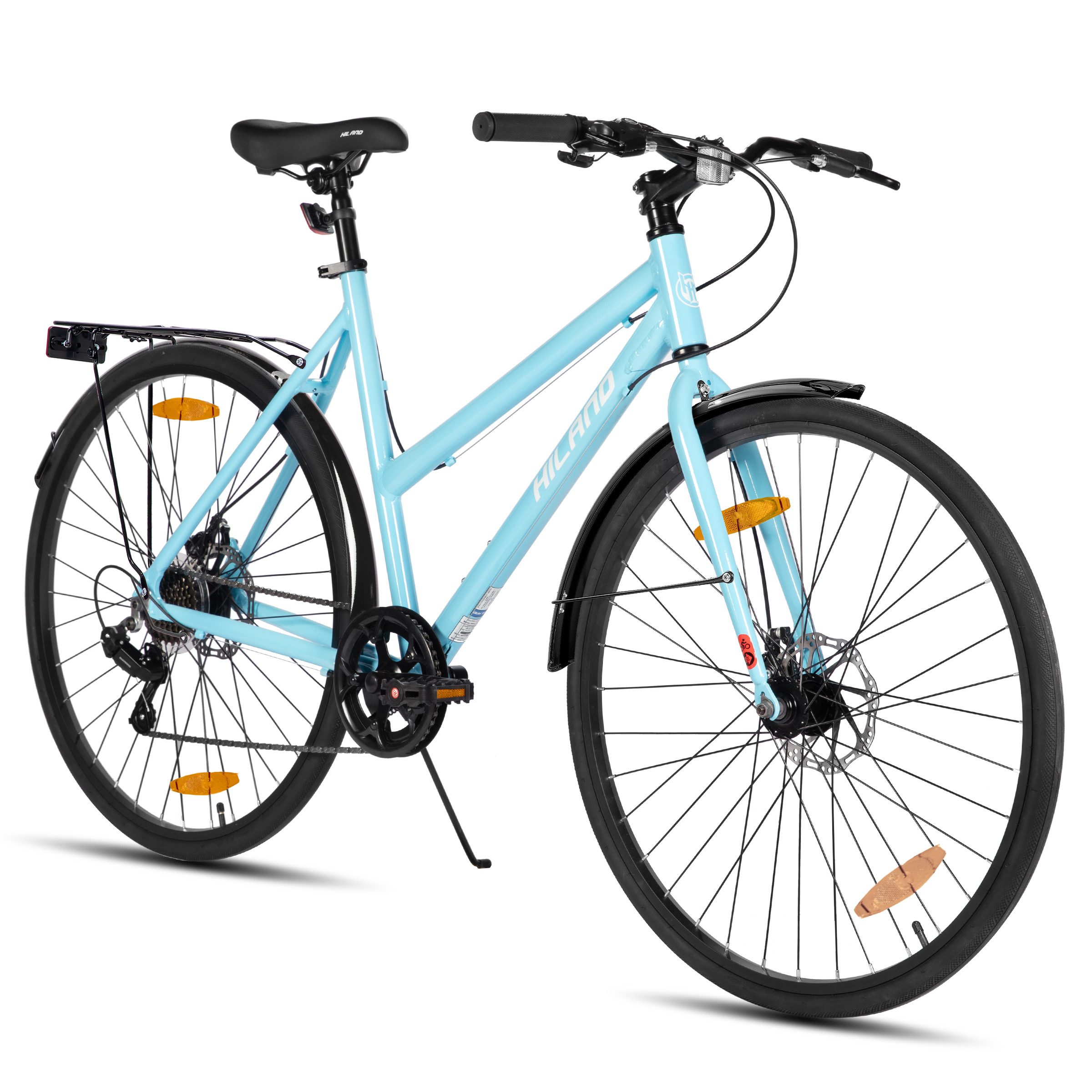 HILAND Cityrad 700C Herren Damen Student Aluminiumlegierung Pendler Stadtfahrrad, 7-Gang, mit Schutzblechen, Gepäckträger, Mechanische Scheibenbremse